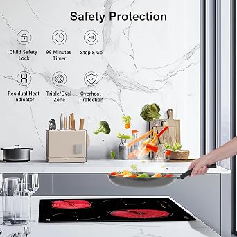 Ceramic Hob 4 Zone, 60cm Built-in Electric Hob, 6700W Ceramic Cooktop with Dual Oval Zone, Touch Control, Triple Ring Function, Timer, Safety Lock, Hard Wired(Black 4zone)