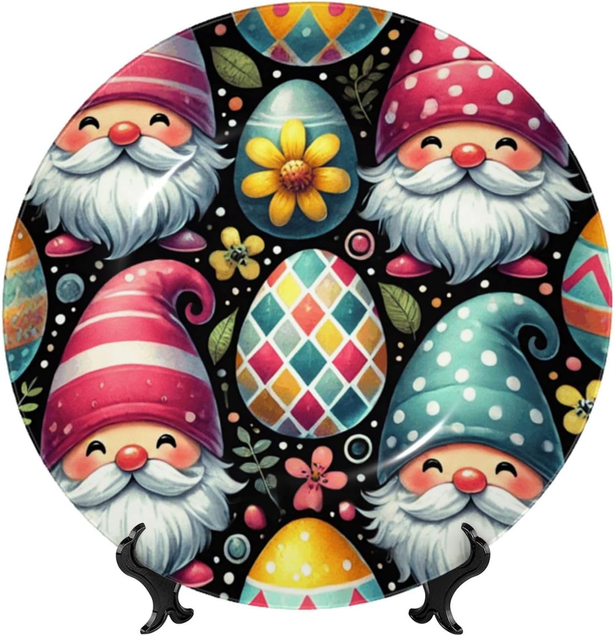 Cute-Gnomes-Easter-Eggs 10 Inch Decorative Plate With Stand, Elegant Display Wall Plate For Home Decor