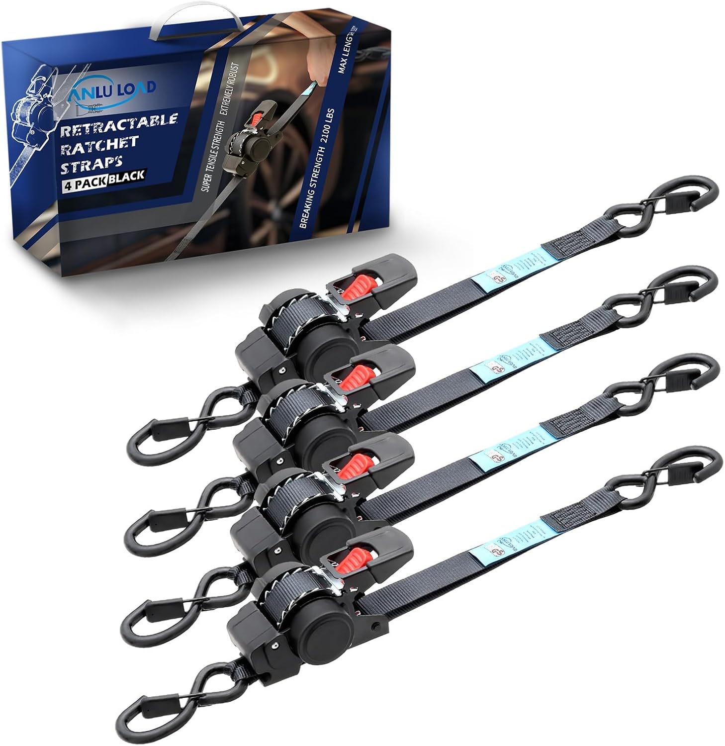 ANLULOAD Retractable Ratchet Strap(1 in x 11.48 ft),Retractable Tie Down Strap for Motorcycles, Boats,Atvs,Utvs.W.L.L:700 Lbs/B.S:2,100 Lbs-4Packs