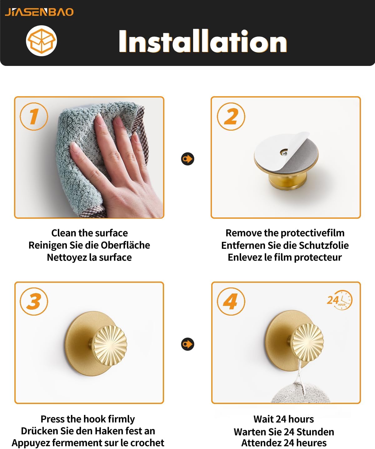 Pack of 4 Self-Adhesive Clothes Hooks for Bathroom Gold Bathrobe Towel Hooks for Hanging Kitchen Decorative Heavy Duty Zinc Alloy