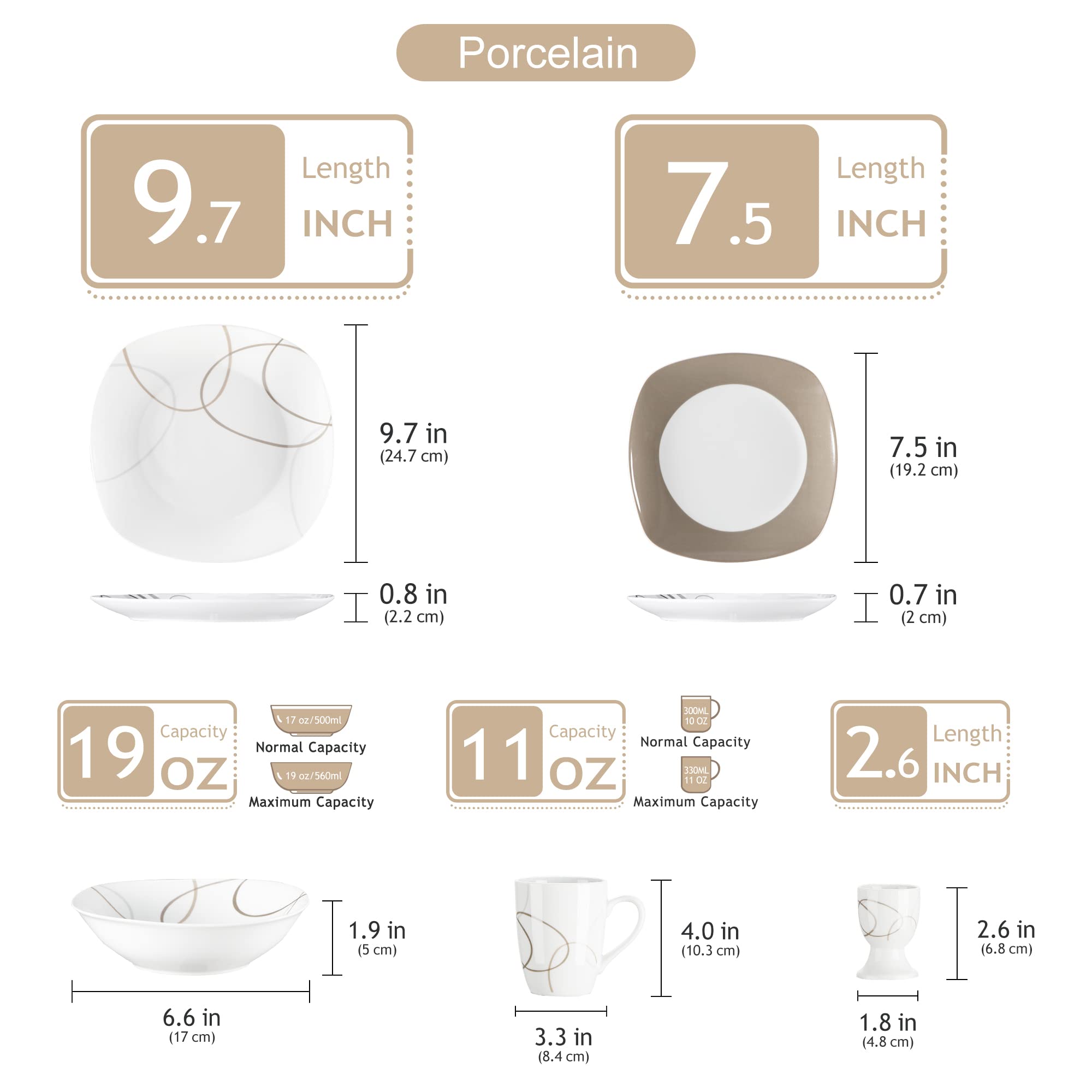 VEWEET 'Nikita' 20-piece avorio bianco Natale cucina Crokery set Brown Lines servizio da tavola in porcellana con 4 portauovo, 4 tazze, 4 piatti da dessert, 4 ciotola, 4 piatti