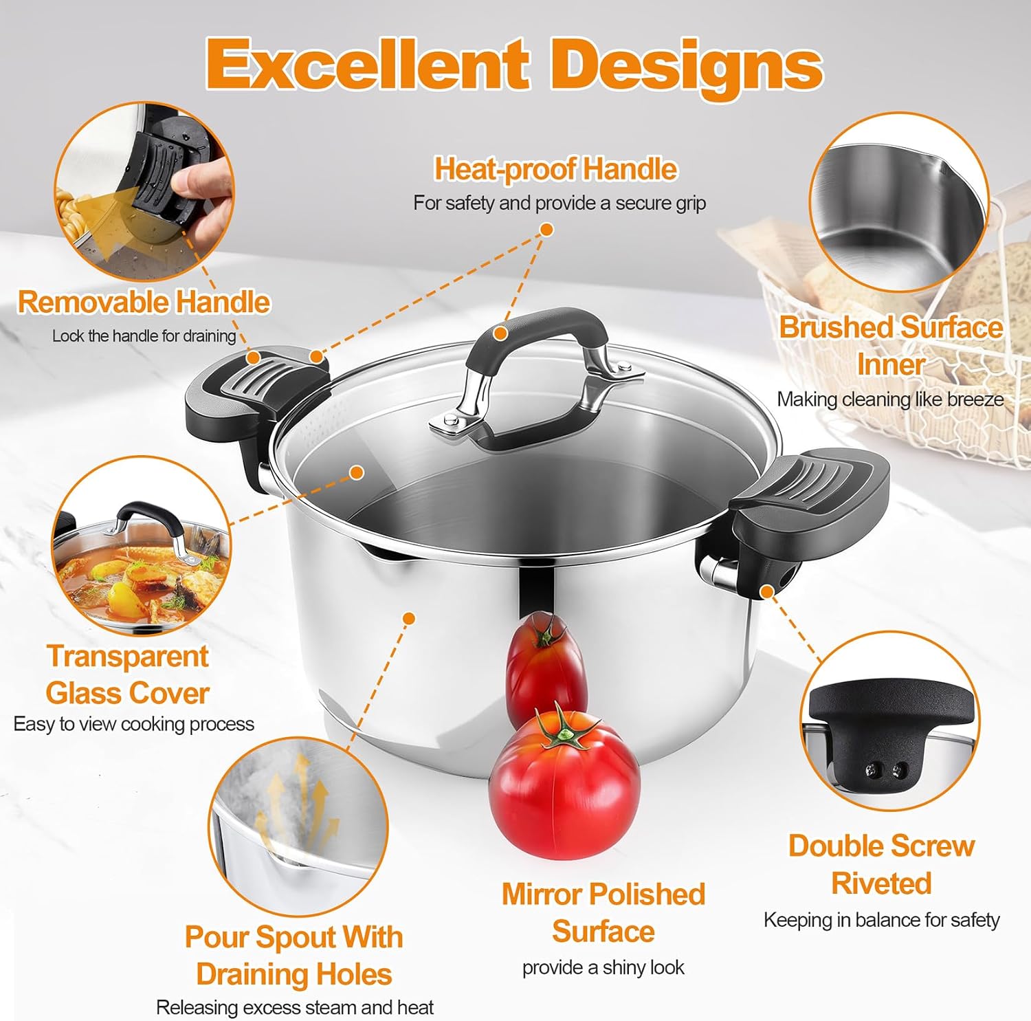 P&P CHEF Pasta Pot with Strainer Lid, 6 Quart Stainless Steel Stock Pot For Kitchen Cooking Boiling, Visible Glass lid & Heat-Proof Lockable Handles, Dishwasher Safe