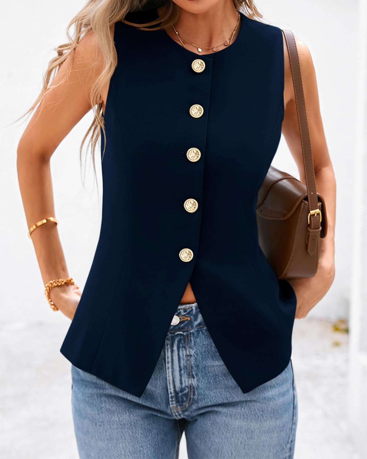 BTFBM Summer Sleeveless Blazer Vest For Women Dressy Button Down Round Neck Business Casual Outfits Work Suit Vests Tops