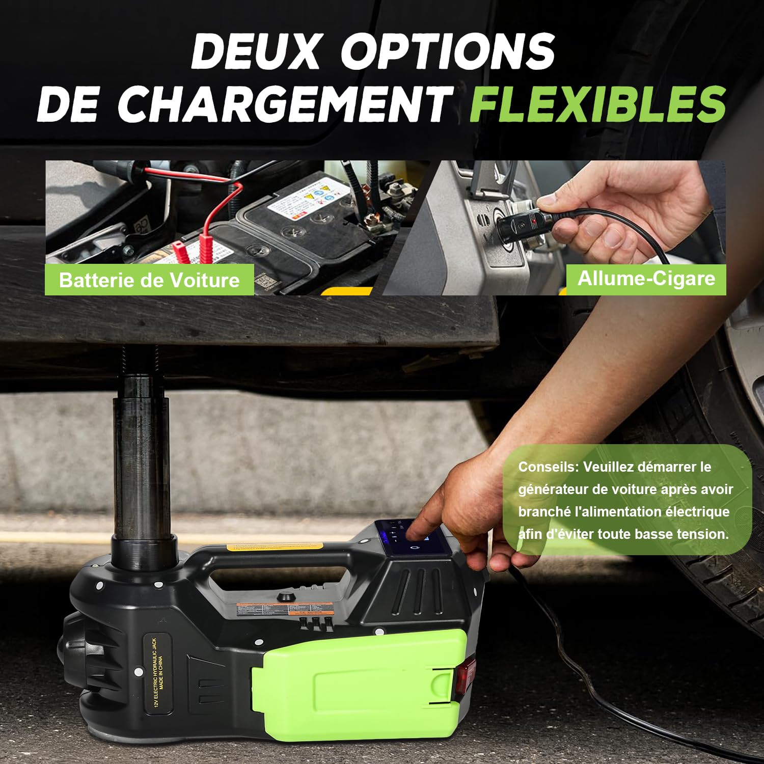 VOBOR Cric Électrique Voiture 5T, 4 in 1 Cric Hydraulique 12V avec Écran LCD et Pompe de Gonflage des Pneus, 150-450mm Leve pour Voiture Pickup Changement de Pneu Garage Réparation