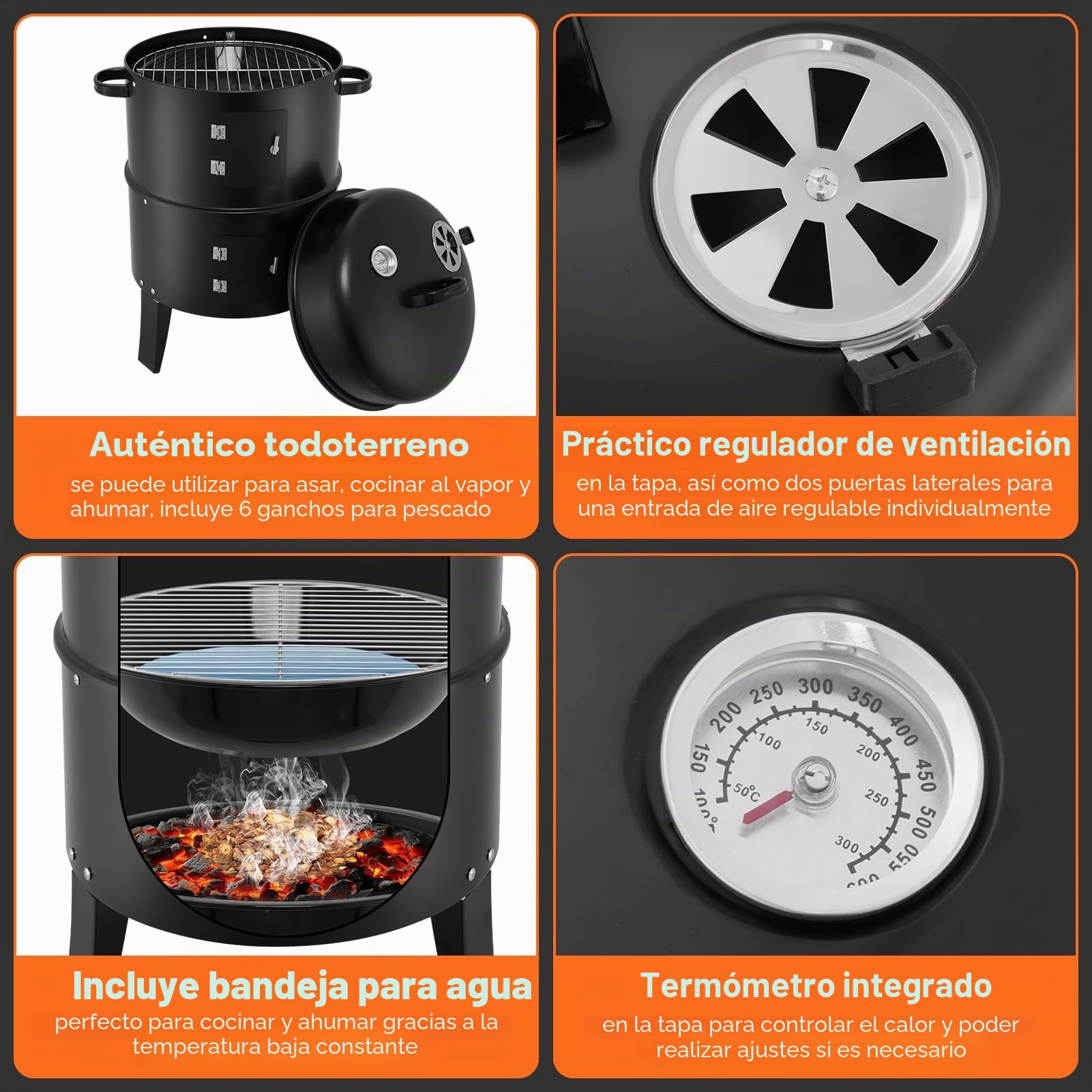 Barbacoa ahumadora, diámetro de 41 cm, gran barbacoa para exteriores con termómetro y 6 ranuras de extracción, barbacoa de carbón vegetal para camping, pícnic, jardín y cocina al aire libre