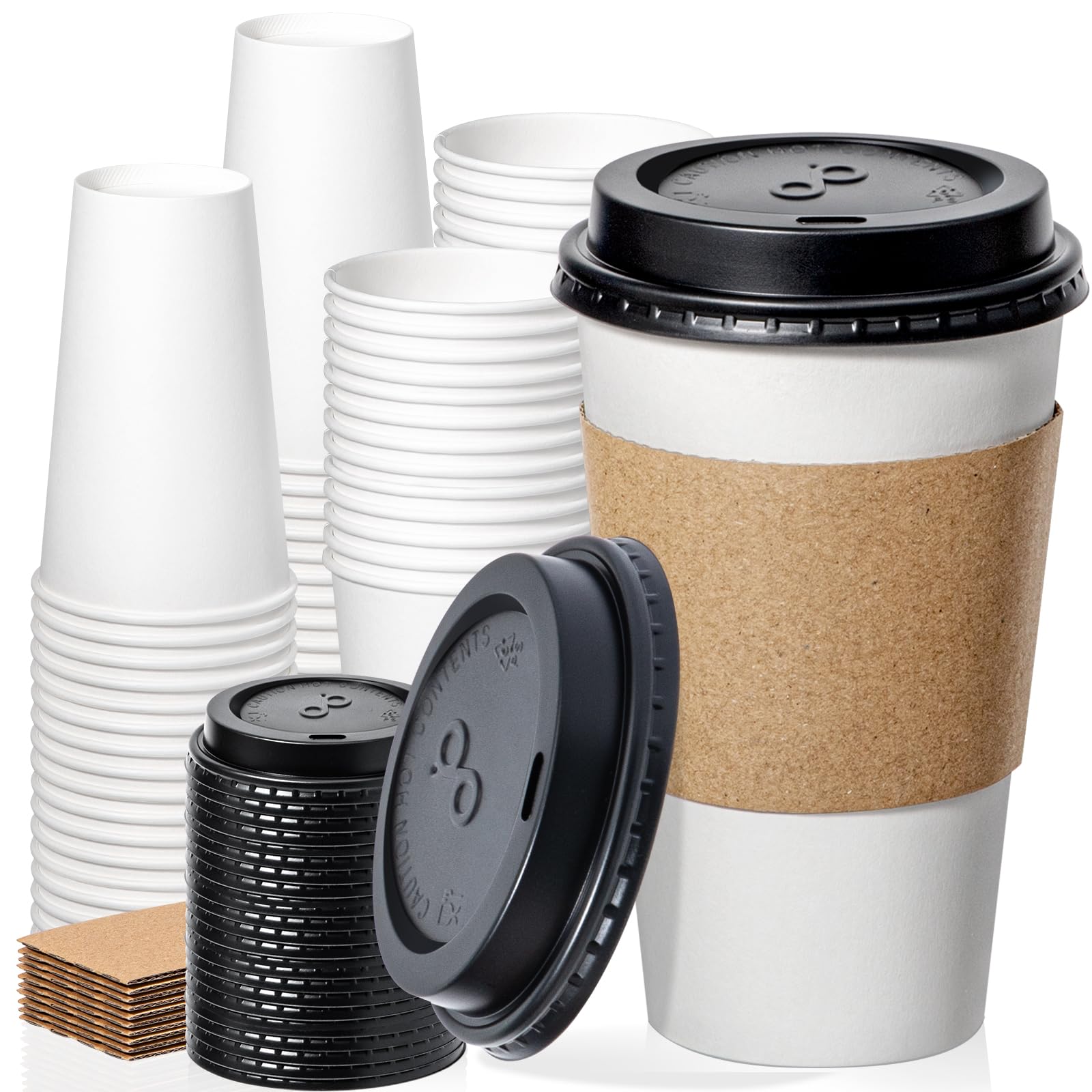 Fit Meal Prep Disposable Coffee Cups with Lids, Sleeves, 50 Pack 16 oz