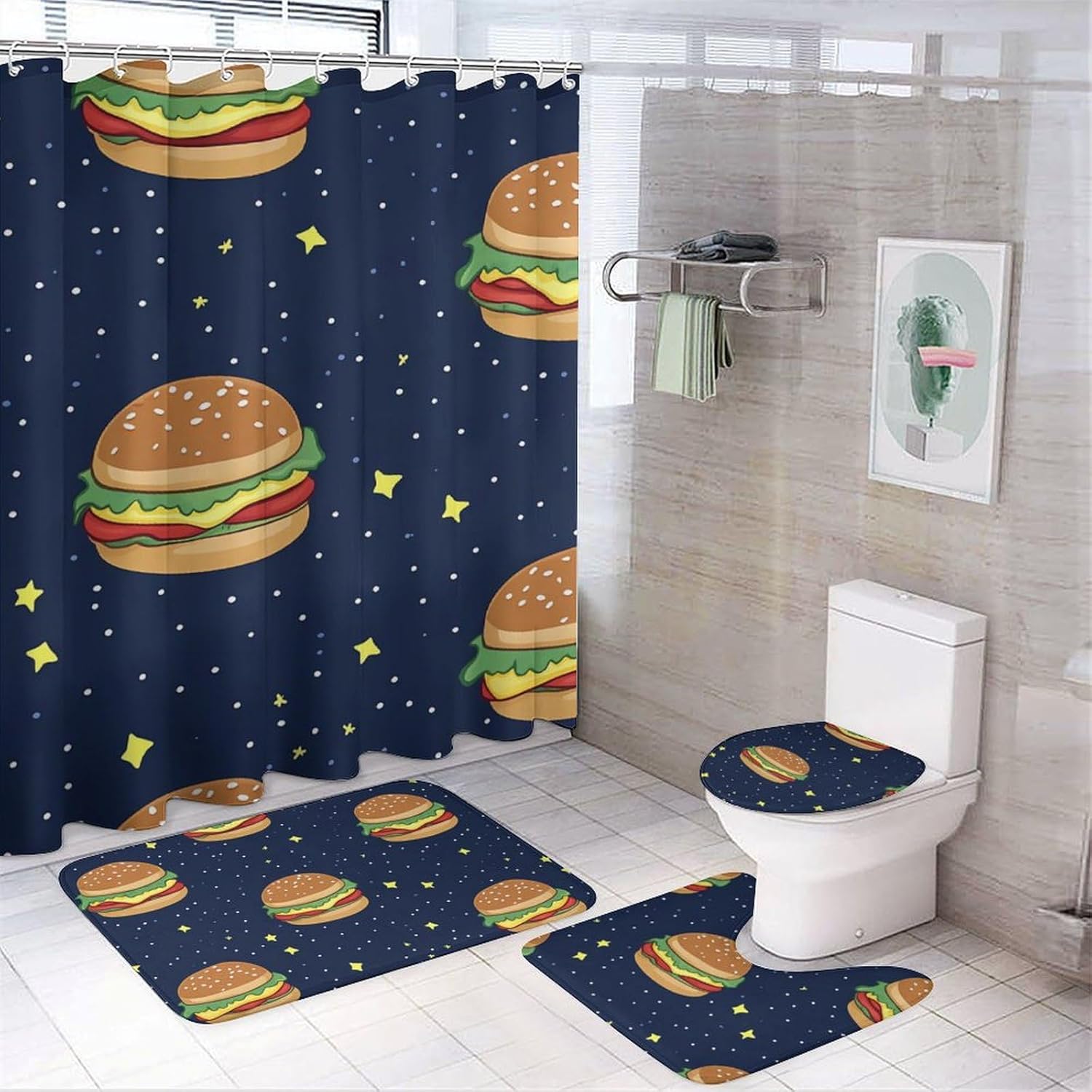 Cosmic Hamburger Bathroom Sets with Shower Curtain and Rugs 4 Piece with U-Shaped Floor Mat Toilet Lid Cover