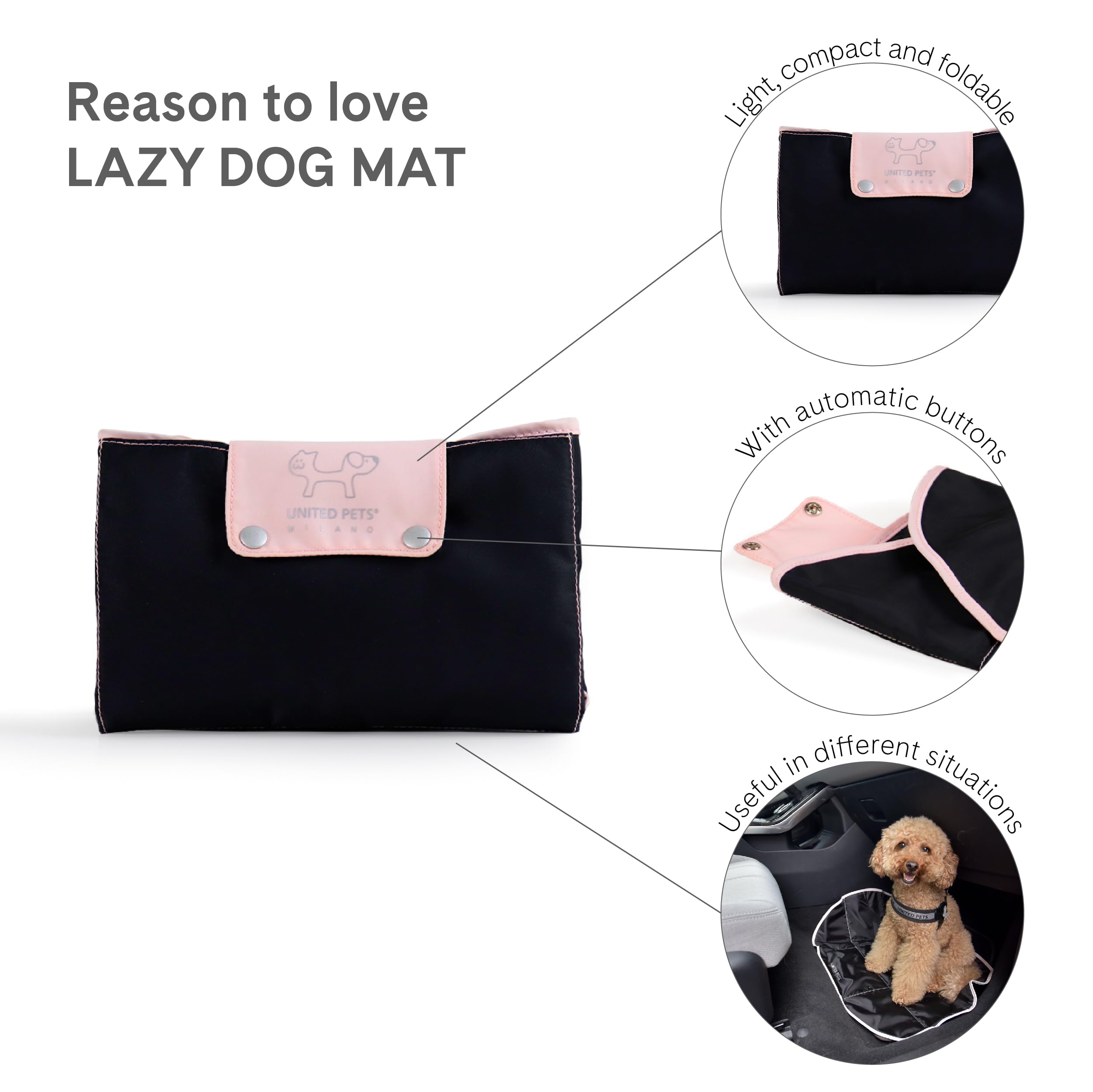 United Pets Lazy Dog Mat - Przenośne składane legowisko dla psa, mata do restauracji i podróży, lekka mata do spania, kolor czarny różowy