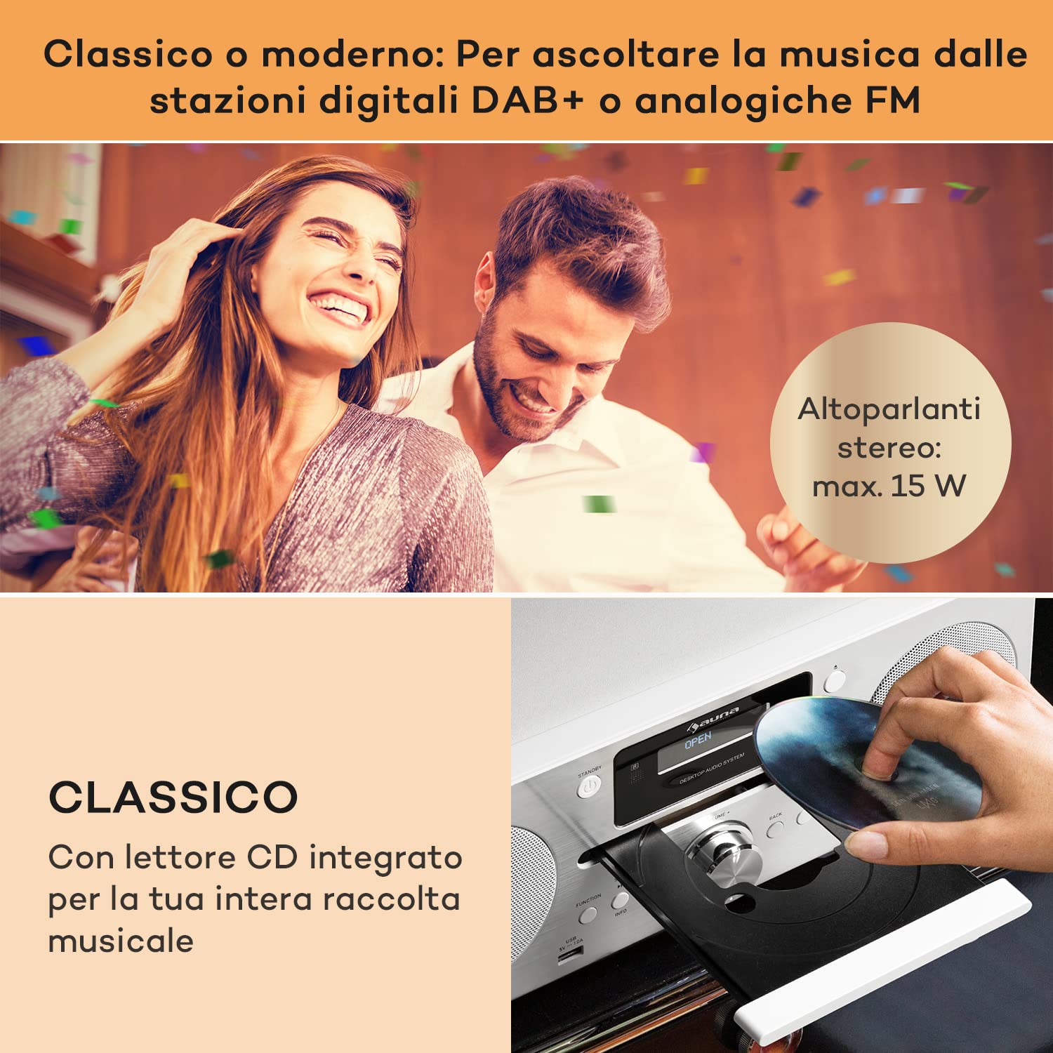 Radio Portatile Auna DAB+ Con Bluetooth E Lettore CD - Design Vintage In Legno 30W - Foto 2