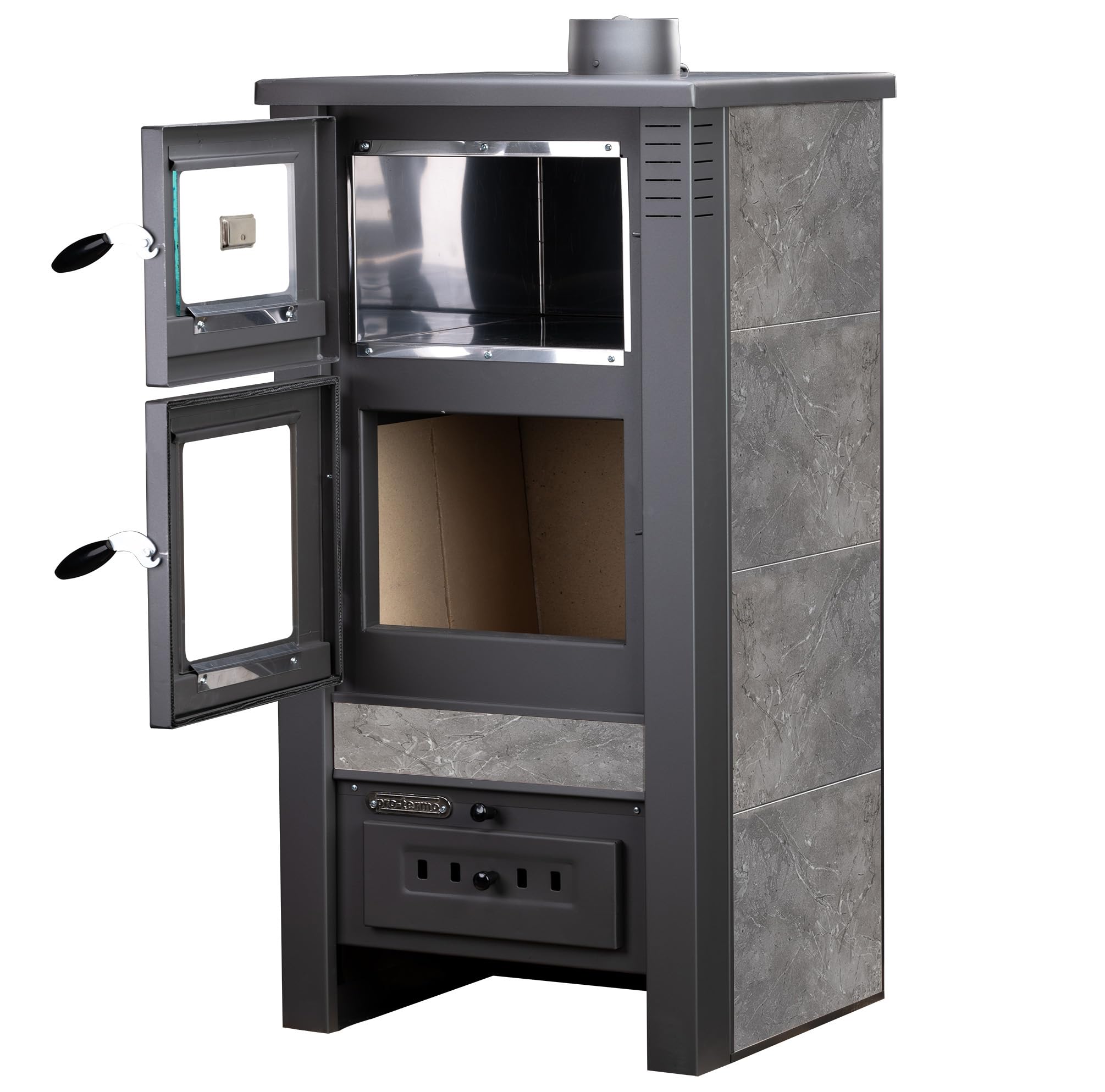 ProTermo Taurus Schwarz/Antrazit Kaminofen mit Backfach – 12kW Heizleistung - Holzofen mit Schamottstein Energieeffizienzklasse A 52 x 50 x 107cm 2 Sichtfenster