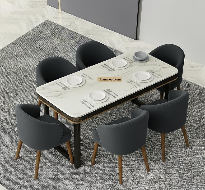 Image of 6-Seater Modern Nano Composite Marble Top Dining Table Set | MS Foldable Base, Sheesham Wood Legs | Suede Upholstered Chairs | Luxury Dining Furniture for Home (Black) - 36 inchX72 inchX30 inch in
