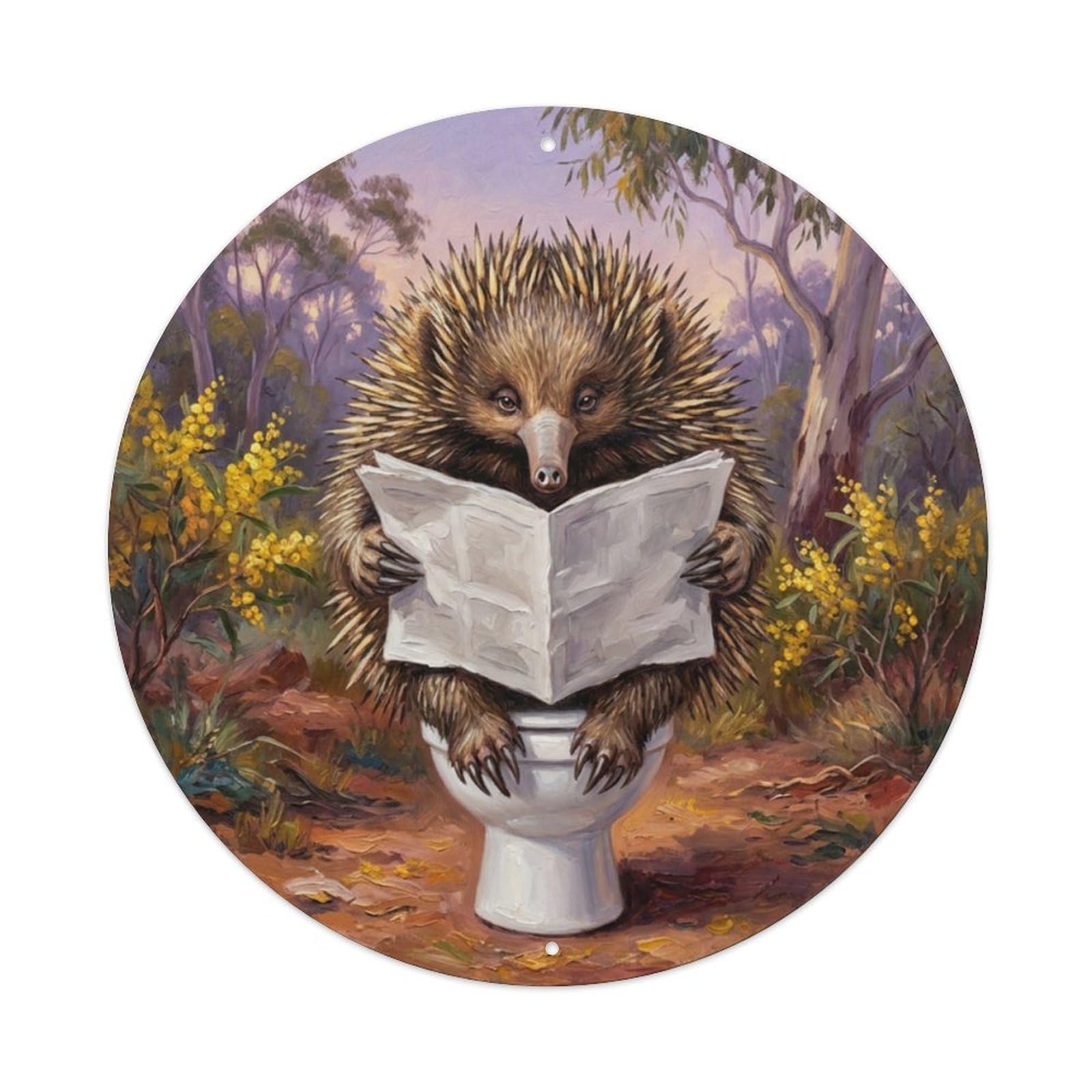 Echidna On Toilet Humorous Bathroom Bushland Dusk Reads Metal Tin Sign