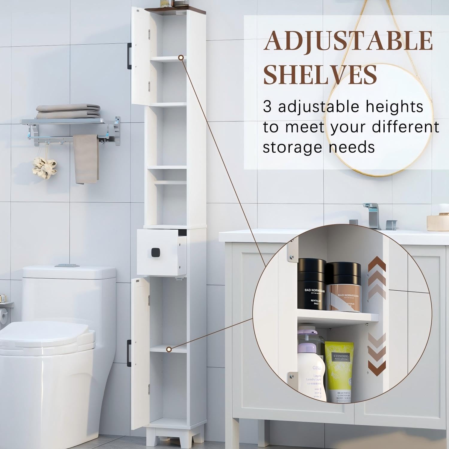EROMMY Narrow Bathroom Storage Cabinet,71'' Tall Slim Bathroom Cabinet with Adjustable Shelves & Towel Bar, Skinny Freestanding Floor Cabinet for Small Space, Living Room, Shower Room, White