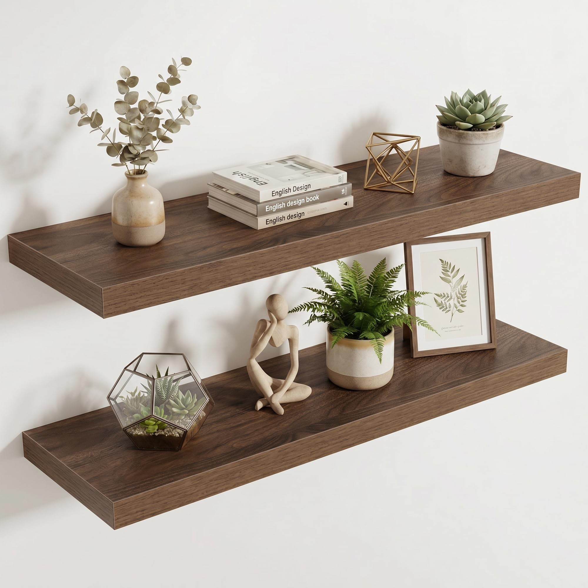 Acovy 25cm Extra Deep Floating Shelves, 90cm Long Wooden Wall Mounted Shelf, Wall Shelves for Living Room Bathroom Bedroom Kitchen, Walnut, Set of 2