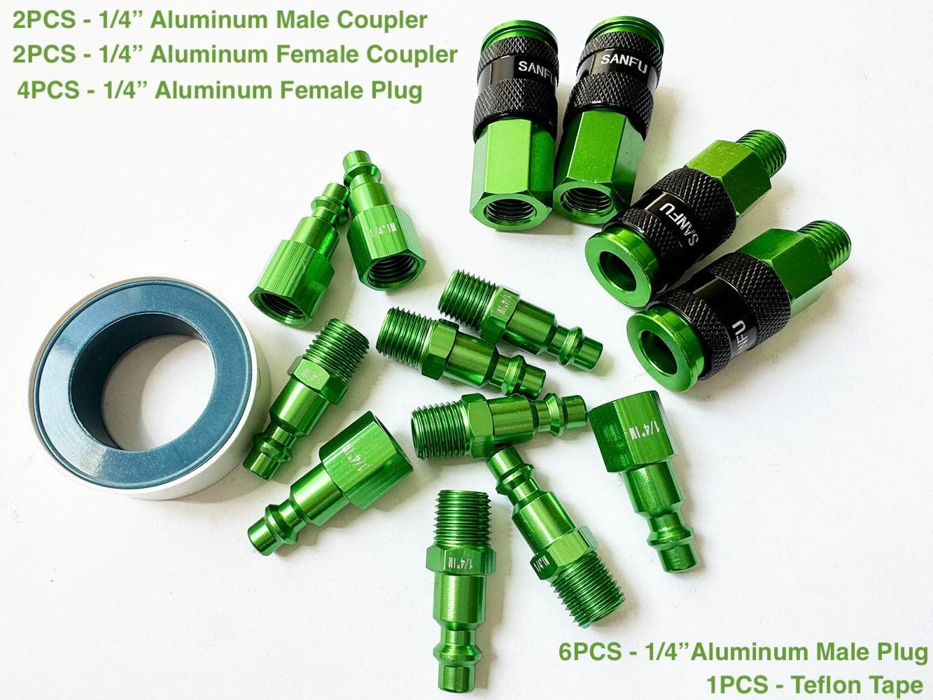 SANFU Air Hose Fittings, Aluminum AMT Universal Air Coupler Air Plug Kit, 1/4 Inch Threads Size, Lightweight, 15 Pieces Air Compressor Accessories Fittings Kit - Green