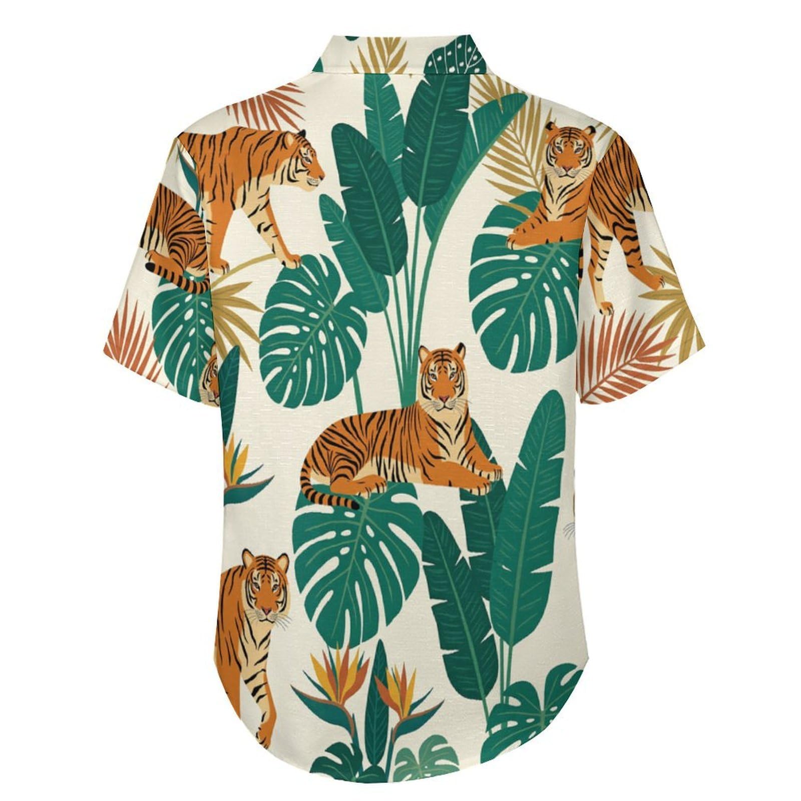 Camicie da Uomo a Maniche Corte con Stampa della Tigre della Giungla Piante Tropicali, Casual Leggere Bottoni Camicia con Tasca Frontale, per Vacanze Spiaggia Estate