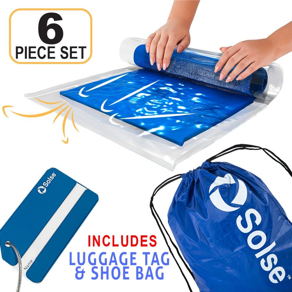 Travel Space Saver Bags (Includes Luggage Tag & Shoe Bag) Roll-Up Compression Storage Bags for Clothes (No Vacuum Needed) Packing Organizers for Travel and Home Storage. By Solse
