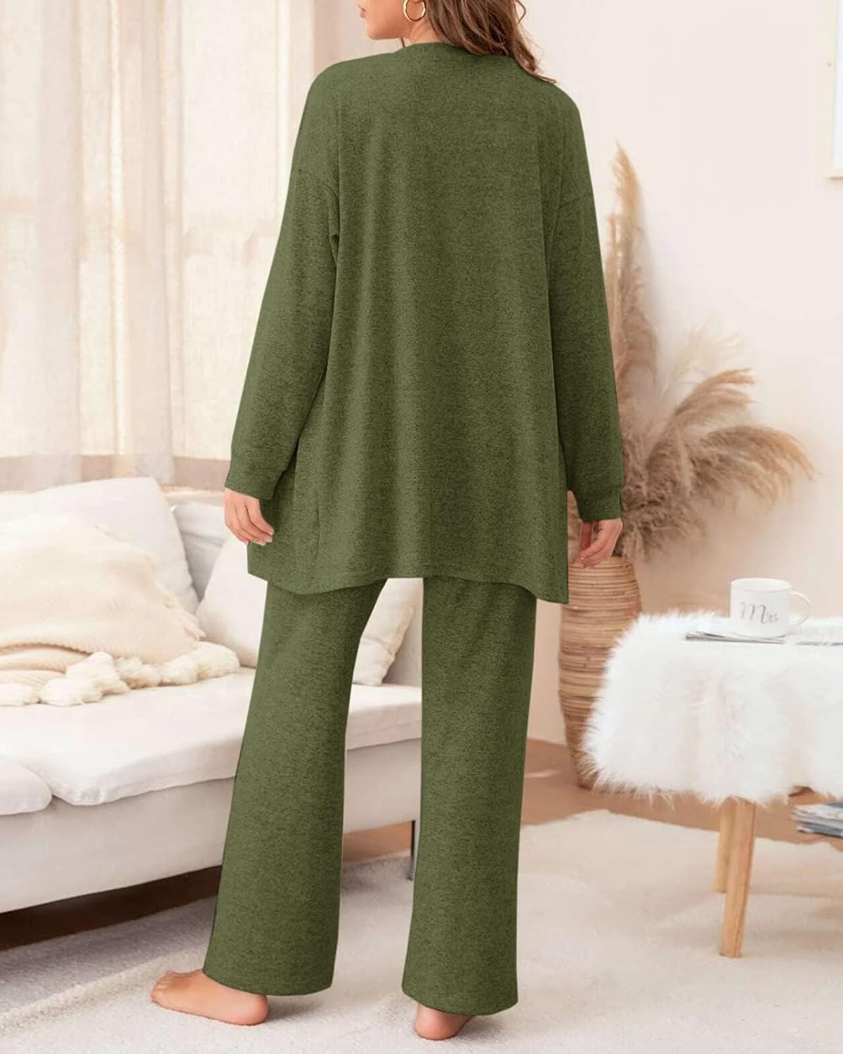 Fessceruna Womens 3 Piece Pajama Set Cami Tank Top Wide Leg Pants and Cardigan Loungewear Lounge Sets