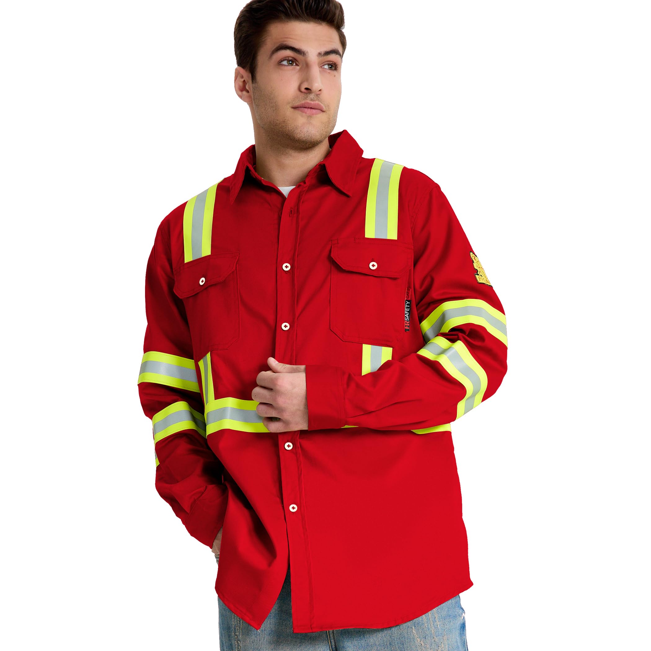 SRsafety Hi Vis FR Shirts for Men,7.0oz Long Sleeve FR Work Shirts,100% Cotton High Visibility Fire Shirt