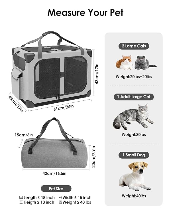 Extra Large Cat Carrier for 2 Cats, XL with Removable Divider, Foldable Soft-Sided Pet Carrier with Storage Tote, Portable Travel Crate for Large Cats, for Car & Home Use, 24" x 17" x 17" by FuzzyNest - Image 7