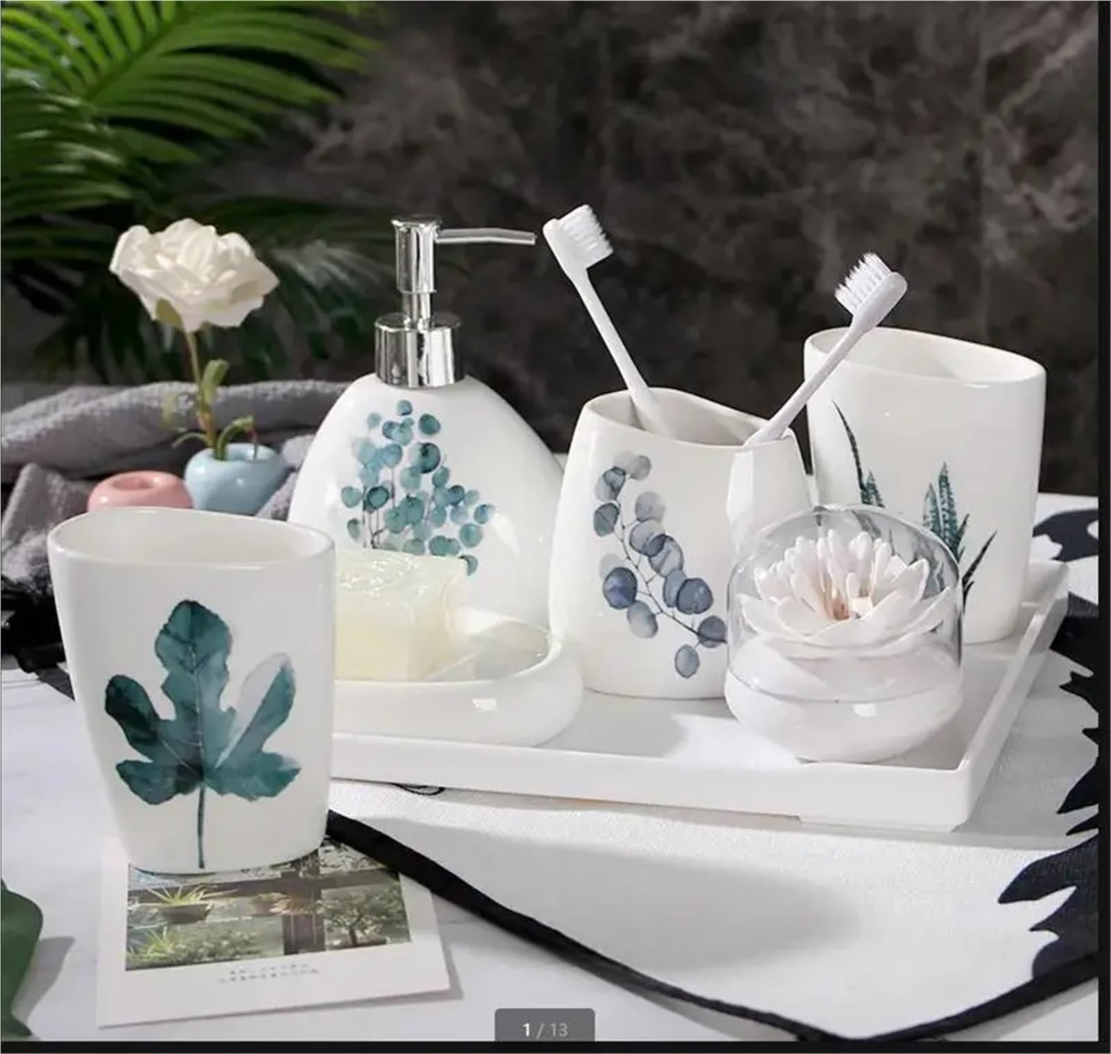 Set di accessori da bagno in ceramica nordica con piante verdi bianche(WHITE tray2)