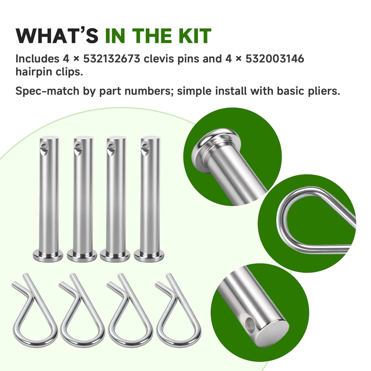 532132673 Clevis Pin and 532003146 Hairpin Clip Kit, 4 Pins and 4 Clips, Compatible with Husqvarna, Poulan, Weed Eater, Also Compatible with Jonsered Tillers (Select Serials)