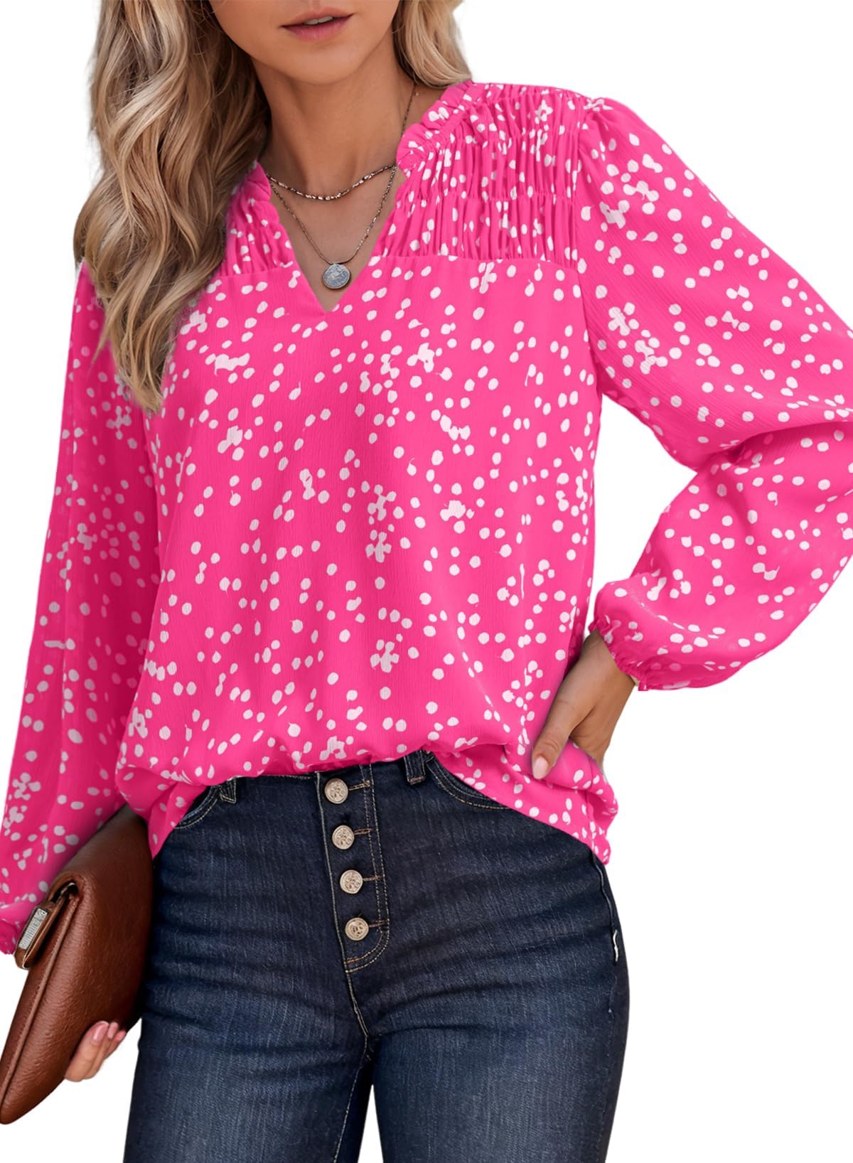 Women's Casual V Neck Alicia Floral Print Smocked Long Sleeve Chiffon Tops Bohemian Top Clothes