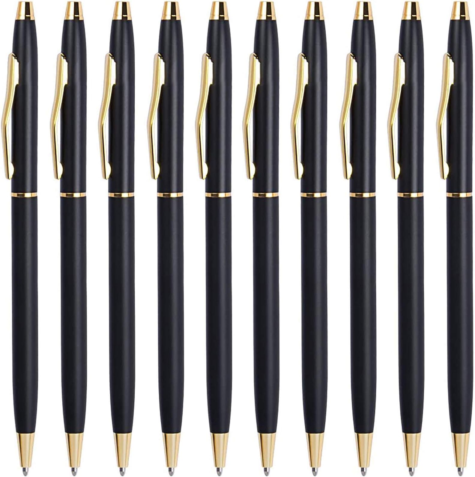 Cambond Slim Ballpoint Pens Bulk - Black Ink 1.0mm Medium Point Retractable Metal Pen for Police Uniform, Flight Attendant & Office, 10 Pack (Black Barrel)
