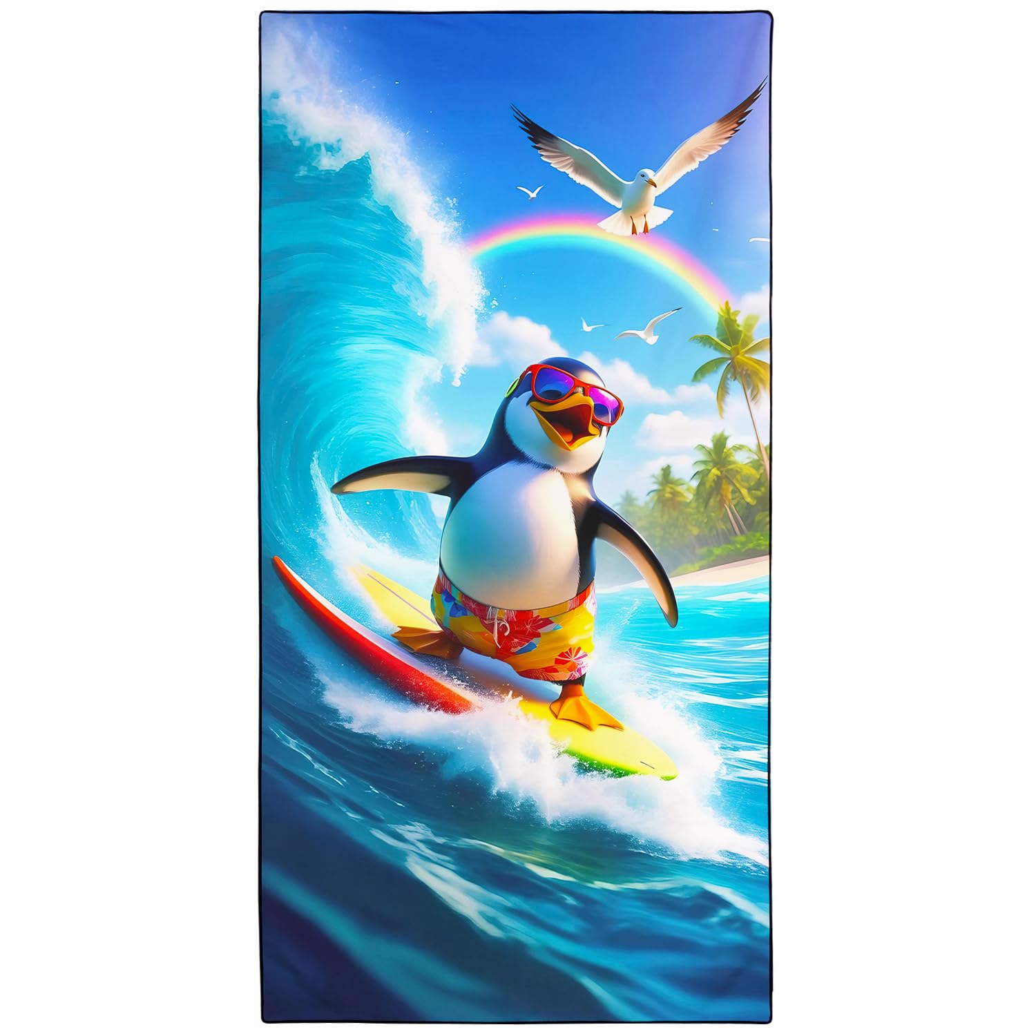 Violetpos Rainbow Surfing Penguin Beach Towel, Extra Large 180x90 cm 250GSM Microfibre, Sand Free Quick Dry, Ideal Vacation Gifts with Carry Bag for Pool Cruise Camping