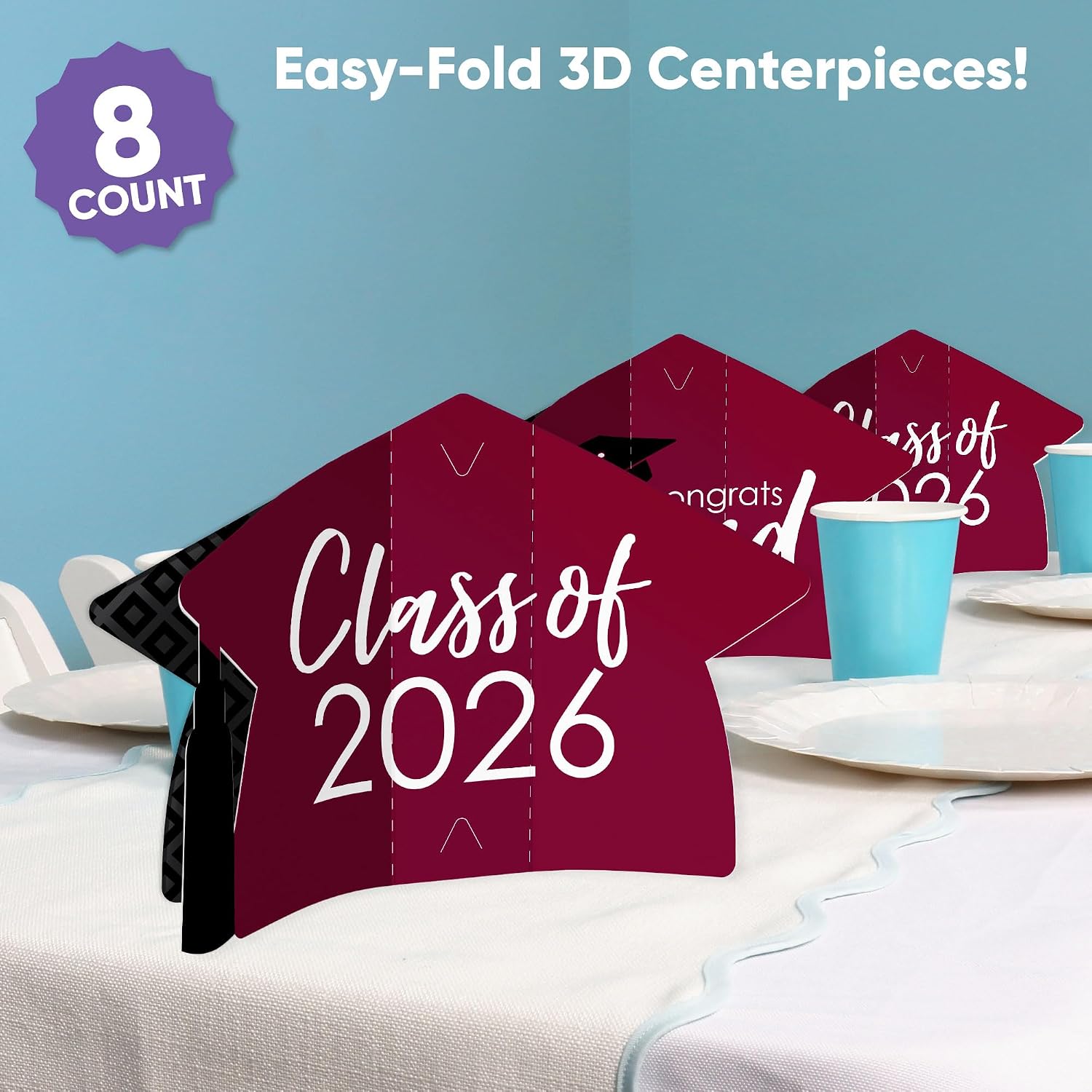 Big Dot of Happiness 8 Count Maroon Graduation 3D Centerpiece Table Decorations, Freestanding Class of 2026 Burgundy Grad Party Centerpieces