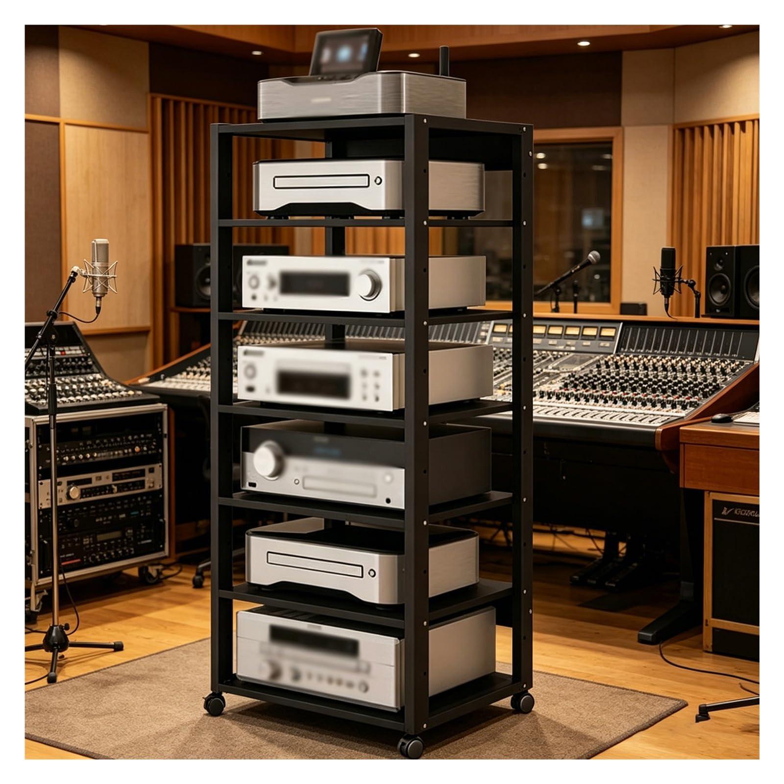 Rack Audio-Video A 7 Livelli Con Ruote,Supporto Multimediale AV Rack | Mensola Per Componenti Hi-Fi E Home Cinema,Mobiletto Portaoggetti Regolabile In Altezza(Nero)