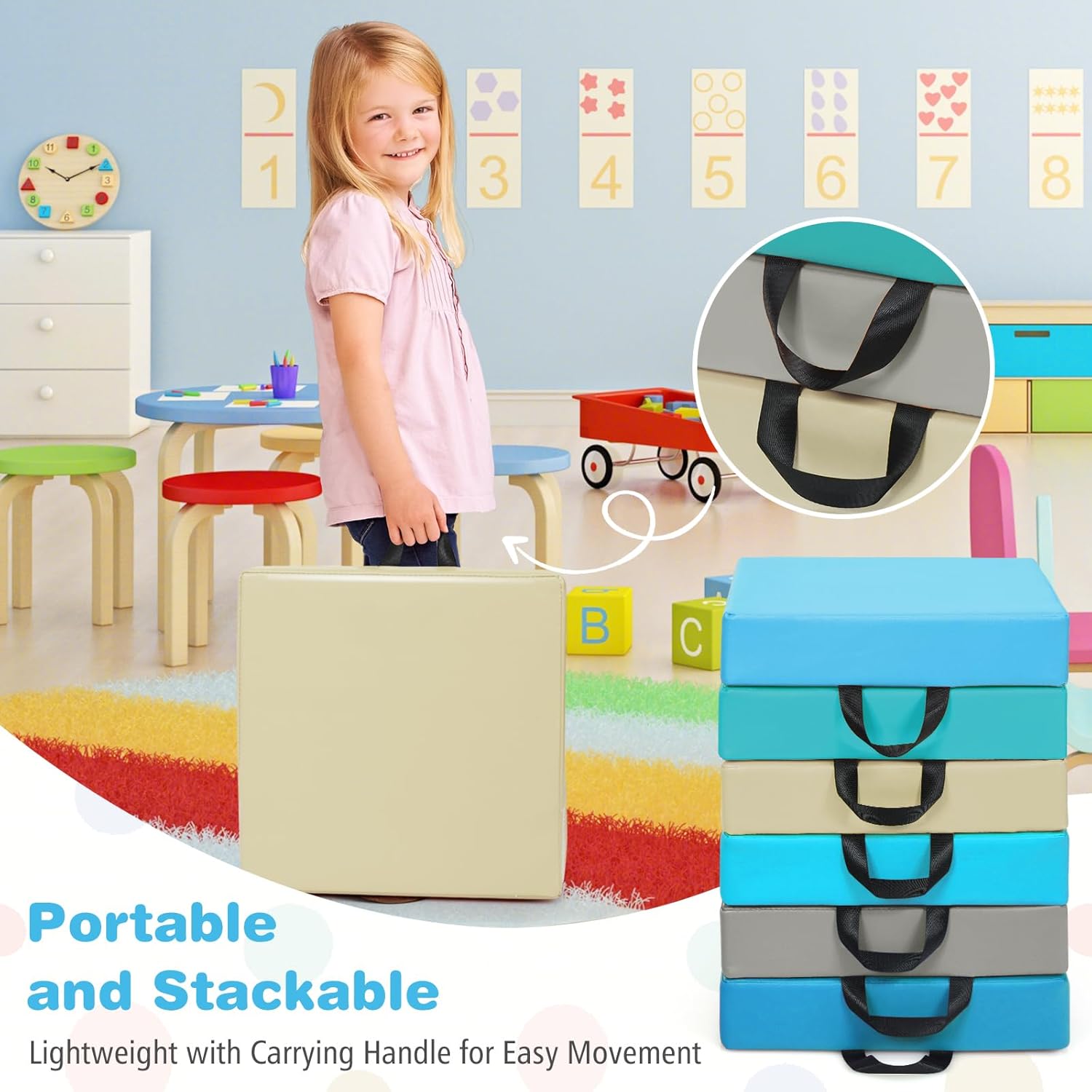 GLACER 6 Pcs 15" Floor Cushions for Kids, 3" Thick PU Waterproof Flexible Seating for Classroom Elementary w/Detachable Cover, Handle, Floor Pillow for Daycare, Preschool, Home (Square, Blue)