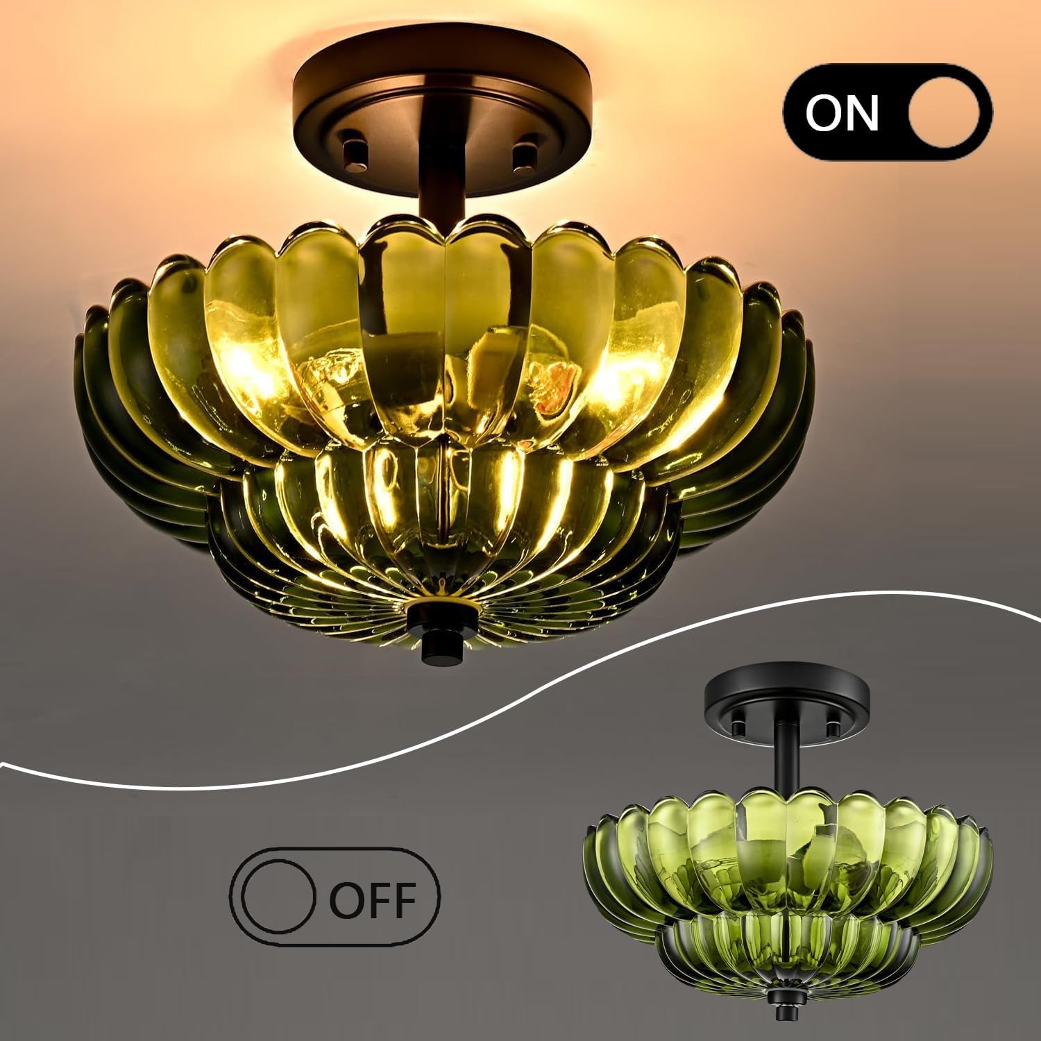 Ceiling Lights,Green Glass 3-Light Semi Flush Mount Ceiling Light Fixture,Modern Vintage Ceiling Lights for Bathroom Entryway Porch Kitchen