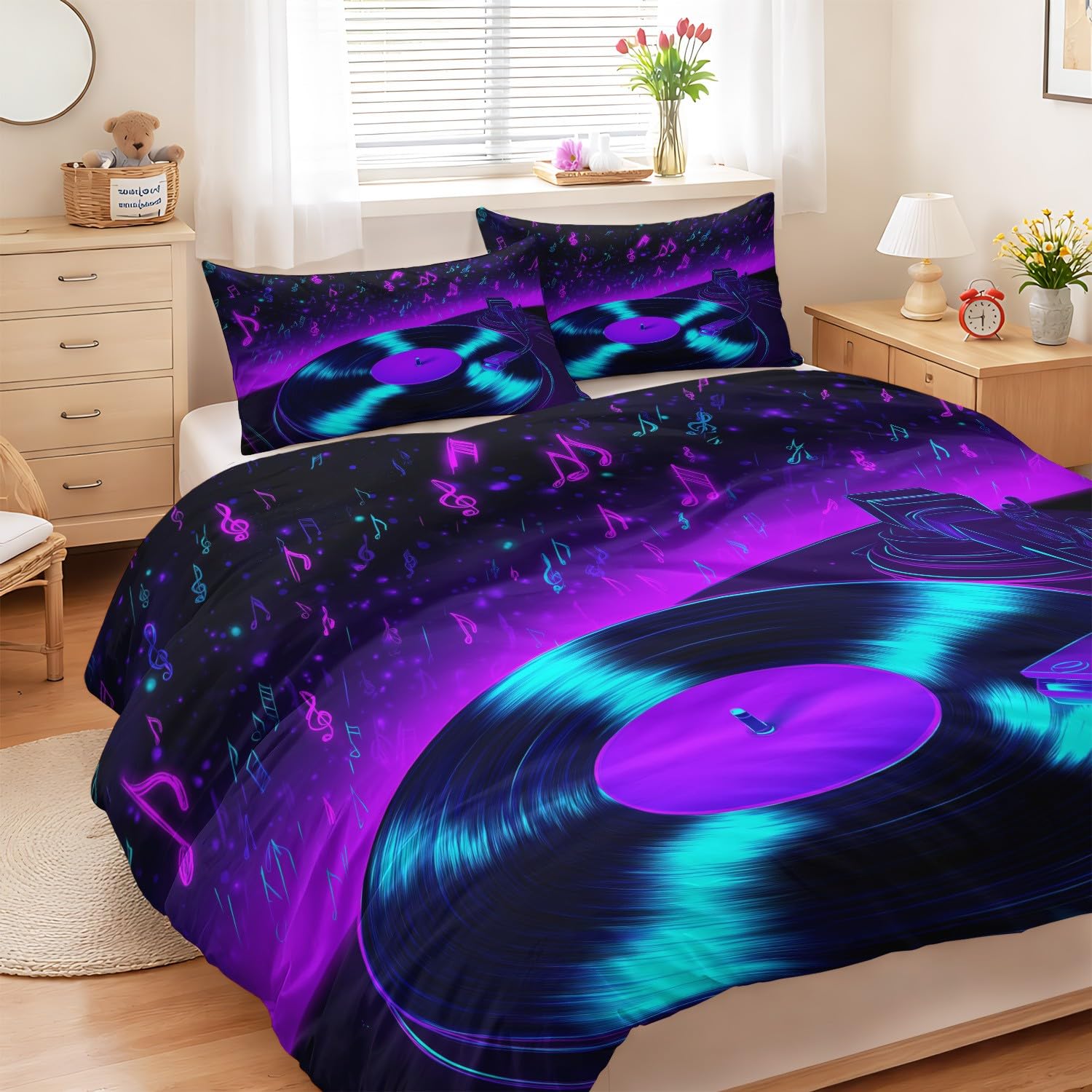 Generisch Bettwäsche-Set - Vinyl Schallplatte Musiknote Bettbezug & Kopfkissenbezug, Musik Futuristisch Techno weiches Mikrofaser-Bettbezug-Set für Jungen und Mädchen, 220 x 240 cm