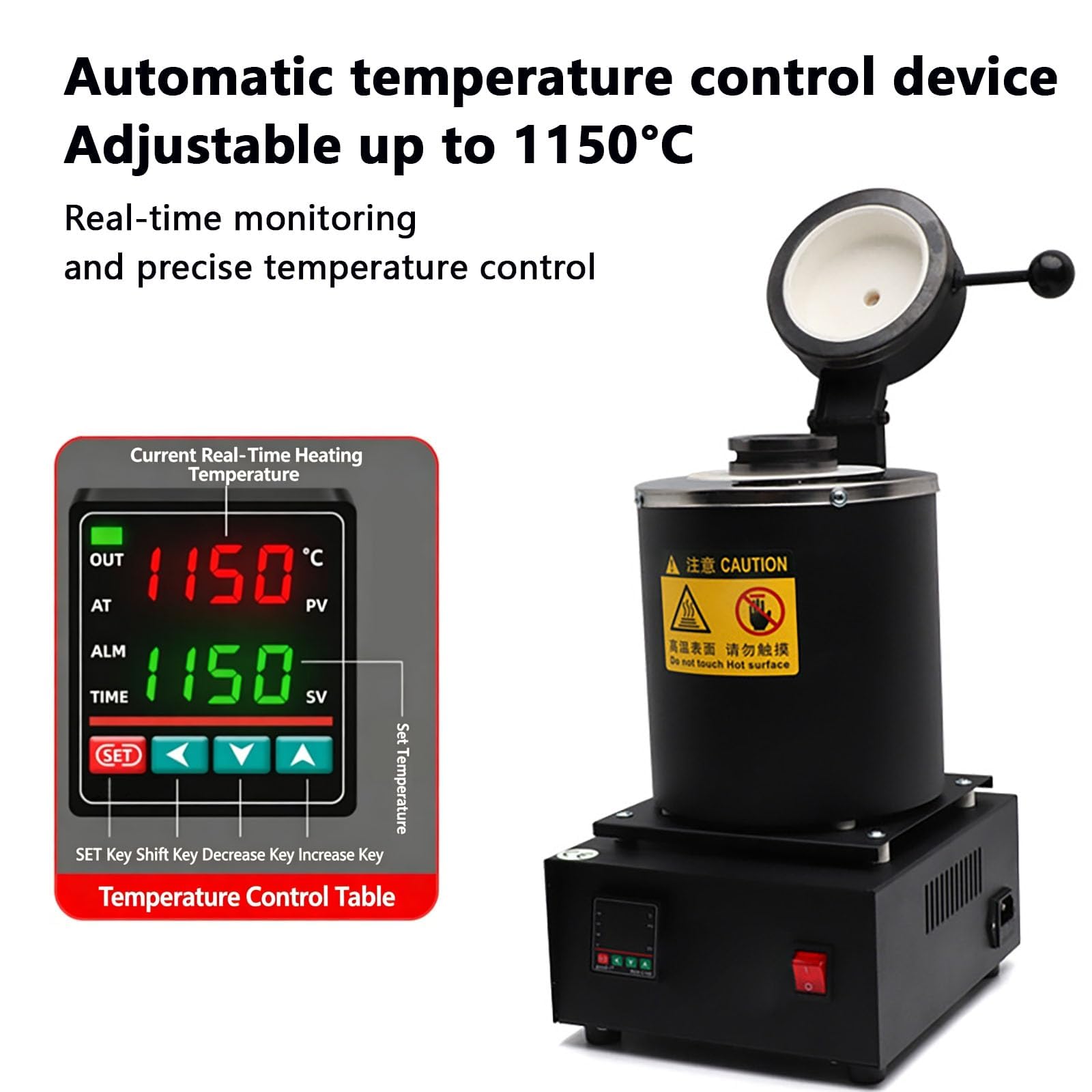 Forno di fusione elettrico digitale, 1150 ℃/2102 ℉, per acciaio oro argento | Forno per la fusione dell'oro con crogiolo di grafite e dispositivo manuale, controllo della temperatura PID(3kg)