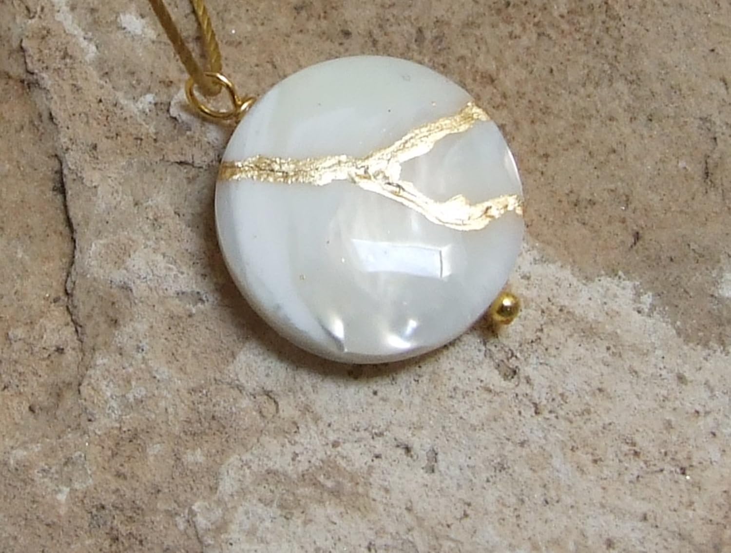 20mm Mother-of-Pearl Recovery Pendant Mended with 23k Gold, Kintsugi Cord Necklace