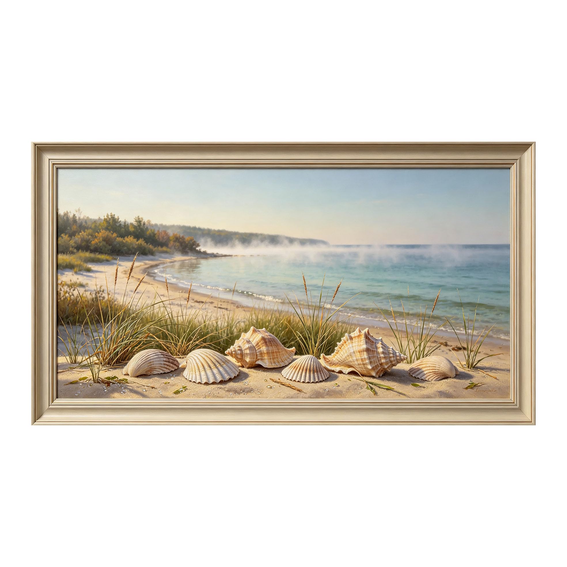 Yzpallescene 3D Framed Wall Art 50cm×100cm Coastal Seascape Seashells Beach Panoramic Oil Painting Large Size SelfAdhesive Removable Wall Decor Prints Artwork for Living Room Bedroom Office