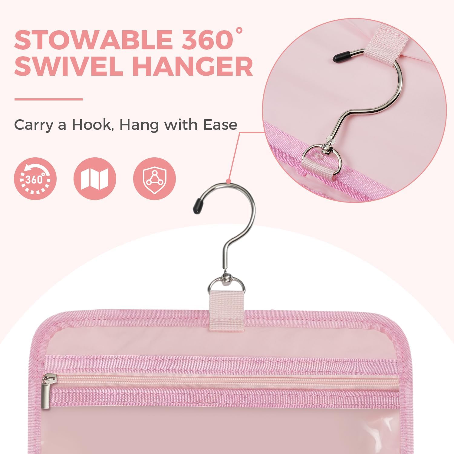 Toiletry Bag for Women, Portable Hanging Organizer, 4 Leakproof Compartments for Full-Sized Conditioners, Brush Sets, Makeup Accessories, Visible and Easy to Access, L, light pink