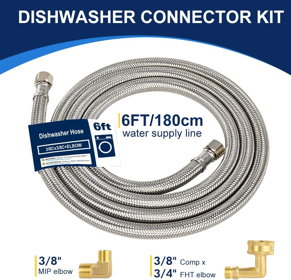 6FT Dishwasher Hose with Elbow – Stainless Steel Braided Supply Line, 3/8" Compression to 3/8" Elbow, Universal Fit, Burst Proof, NSF/Lead-Free Certified, 10-Year Warranty