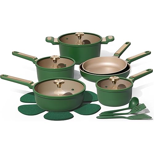 CAROTE Pots and Pans Set Non stick, 18pcs NonStick Kitchen Set Induction Cookware Non-toxic Cooking Set, Dishwasher/Oven Safe,Cookware Set,Green