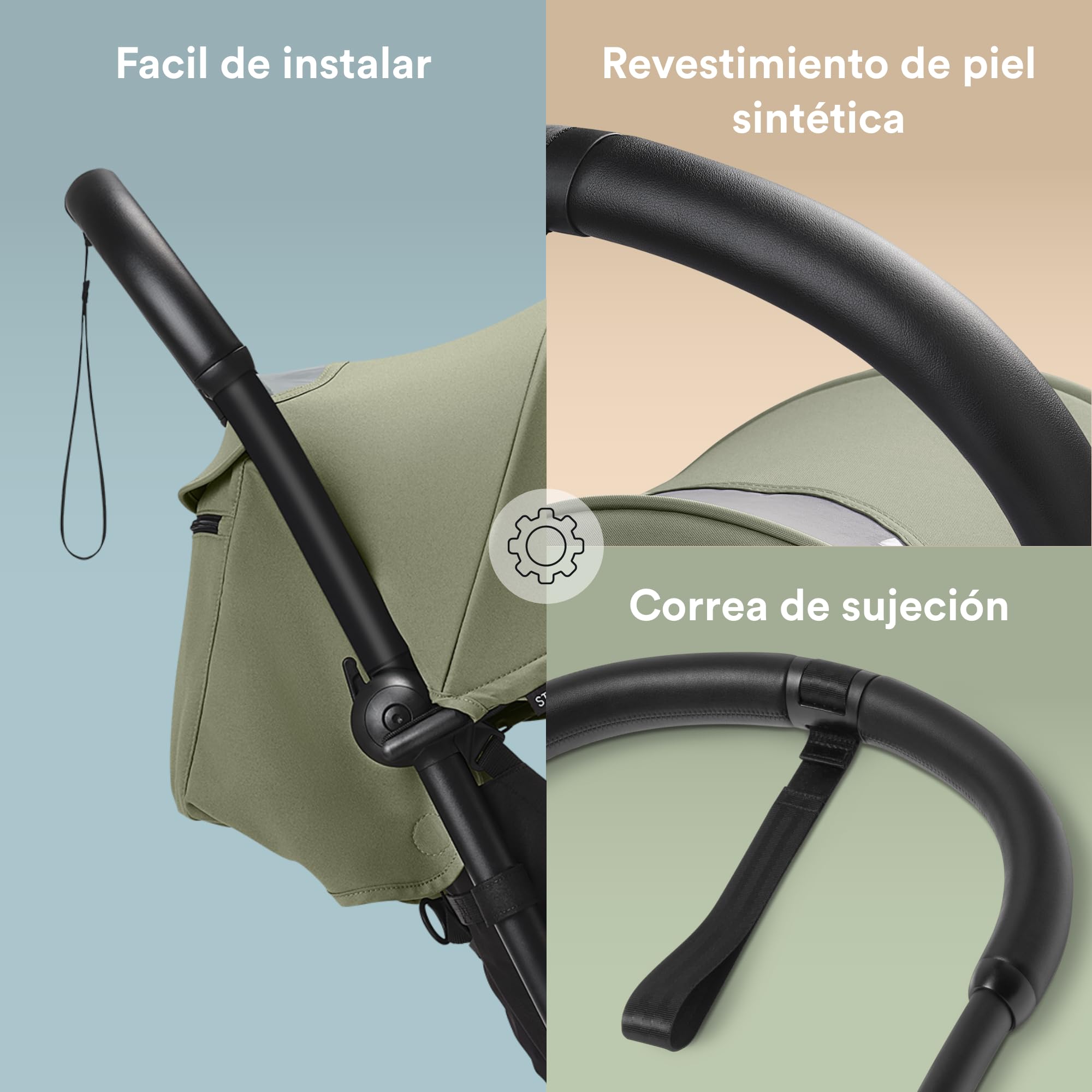 Manillae para Stokke YOYO, negro - Revestimiento de piel sintética ultrarresistente - Incluye correa de sujeción de 21,5 cm, tornillos y herramienta de instalación