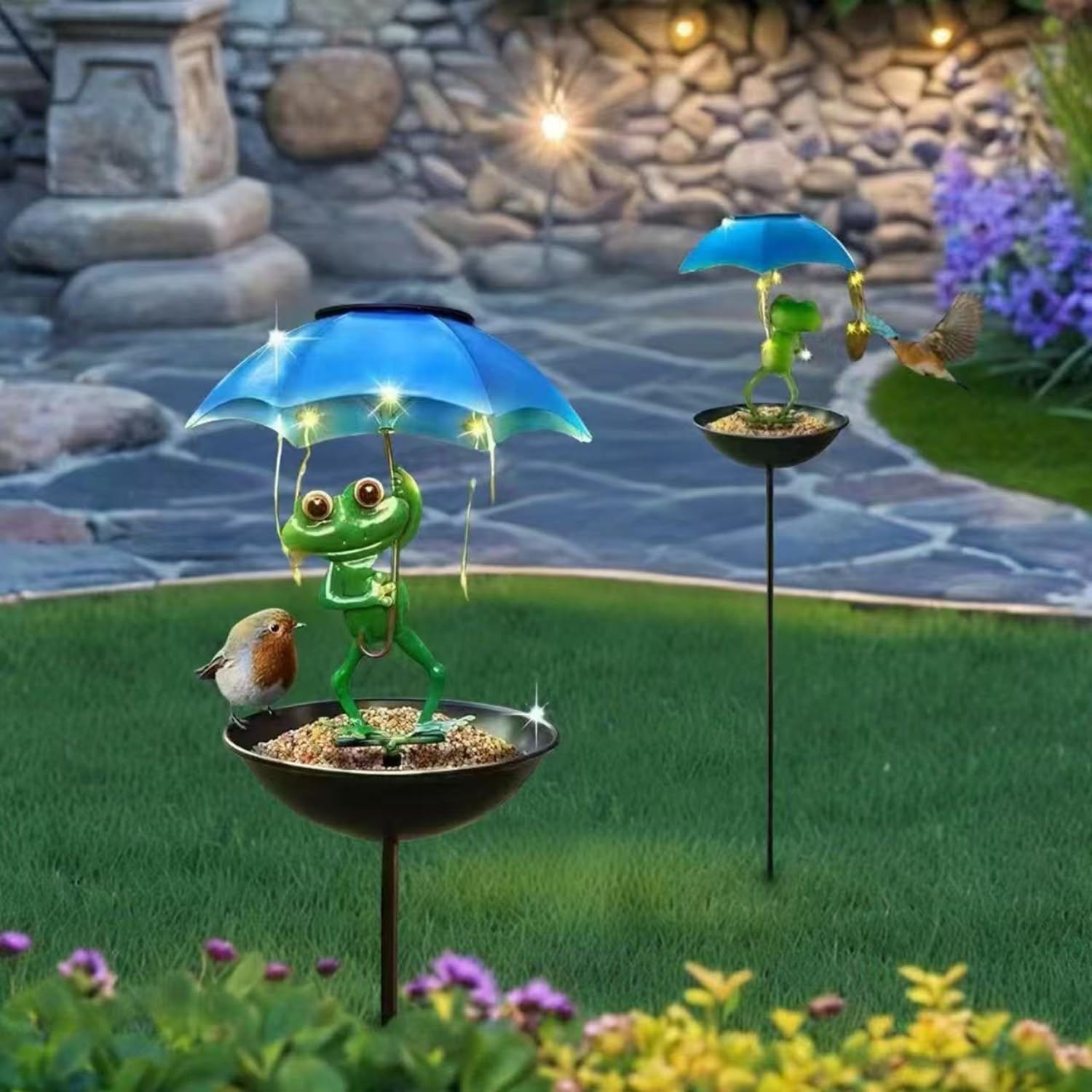 Mangiatoia per uccelli a energia solare con luci a LED, statua decorativa da giardino per esterni, mangiatoia per uccelli selvatici da appendere, in metallo, per cortile, prato, patio, impermeabile