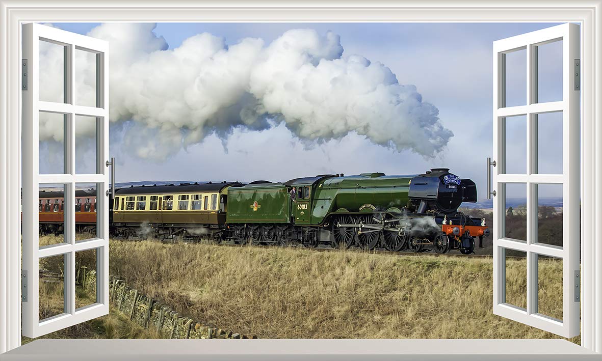 Chicbanners Green The Flying Scotsman Steam Train 3D V007 Magic Window Wall Sticker Self Adhesive Poster Wall Art Size 1000Mm Wide X 600Mm Deep (Large)
