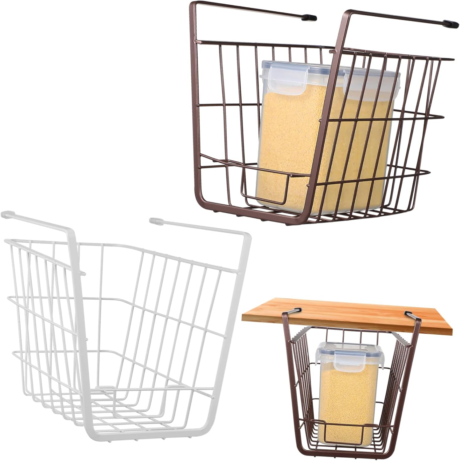 2 Pcs Rust Resistant Iron Under Shelf Storage Basket Double Hook Wire Hanging Organizer for Kitchen Pantry and Cabinet Deformation Rack for Bathroom and Home White