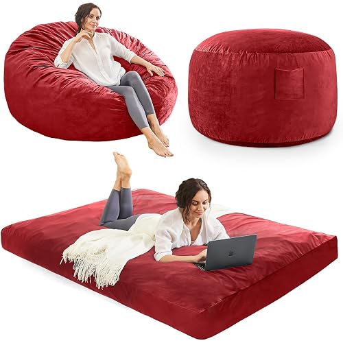 Bean Bag Chairs for Adults - Giant Bean Bag Chair Convertible Bean Bag Bed - Beanbag Chair with Micro Fiber Cover/Furniture Foam Filler - Floor Couch Sofa in Bedroom Dorm Room - Queen Red