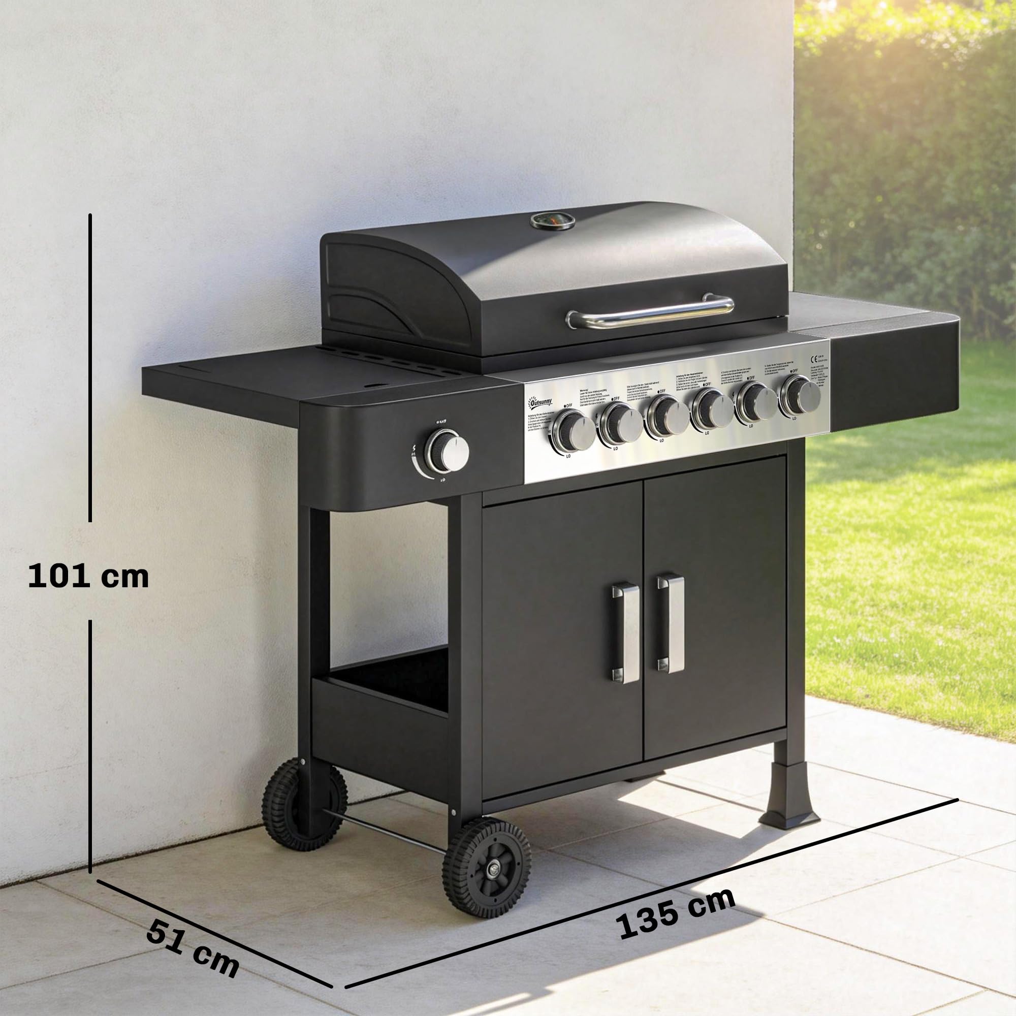 Outsunny Barbecue à gaz 6+1 brûleurs chariot portable avec roues, grille de maintien au chaud, thermomètre intégré, étagères latérales, placard et couvercle Noir