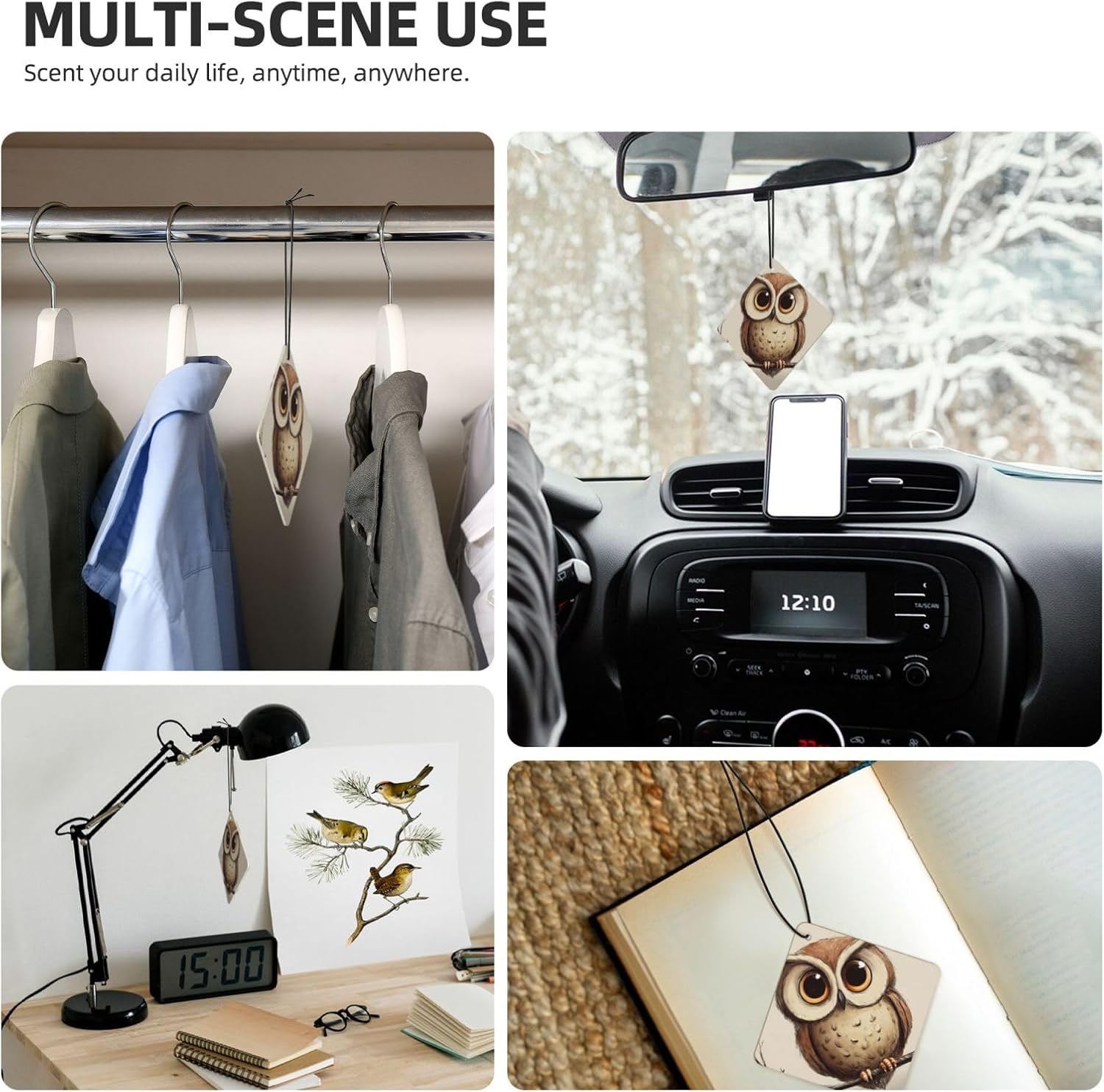 Car Air Freshener 24 PCS Cute Owl Hanging Car Air Fresheners Auto Interior Decor Card Freshener Strong Scented Card Lavender Cars Scents for Office Bedroom Close Drawer Square