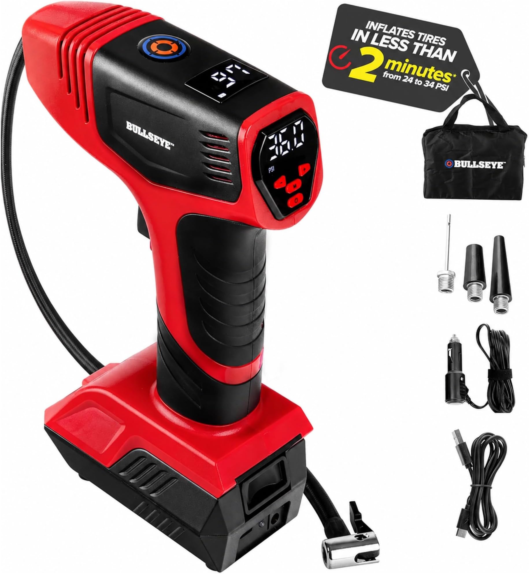 BULLSEYE PRO Tire Inflator with Pressure Gauge, Compact and Portable, Automatic Shut Off, 150 PSI Max, USB Home Rechargeable and Cord for Vehicular Use As Seen On TV (9475)
