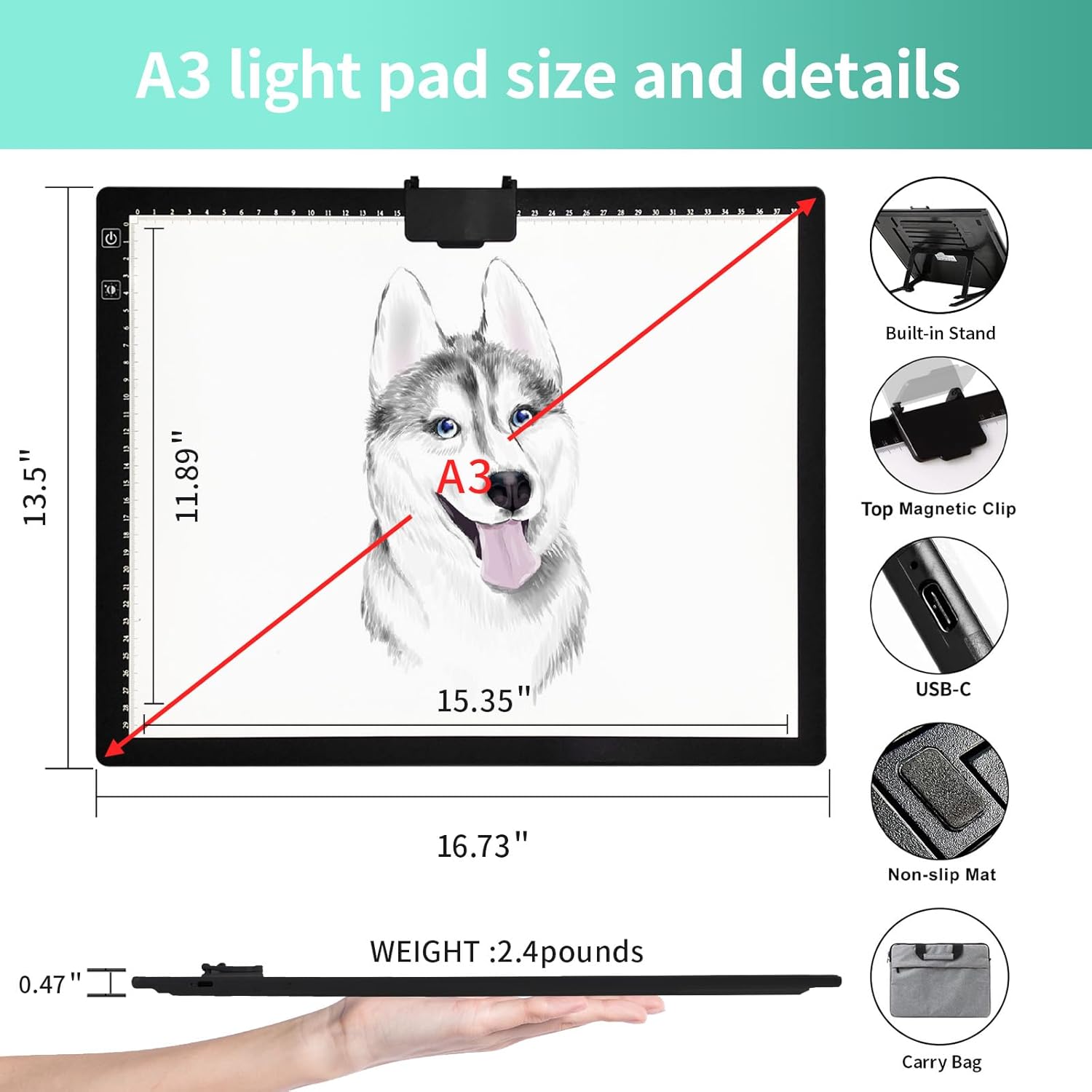 A3 Light Pad - Rechargeable Diamond Painting Light Board with Stand, 3 Colours Stepless Dimmable 6 Levels Brightness Tracing Light Box, Battery Powered Portable Light Pad for Weeding Vinyl Tracing