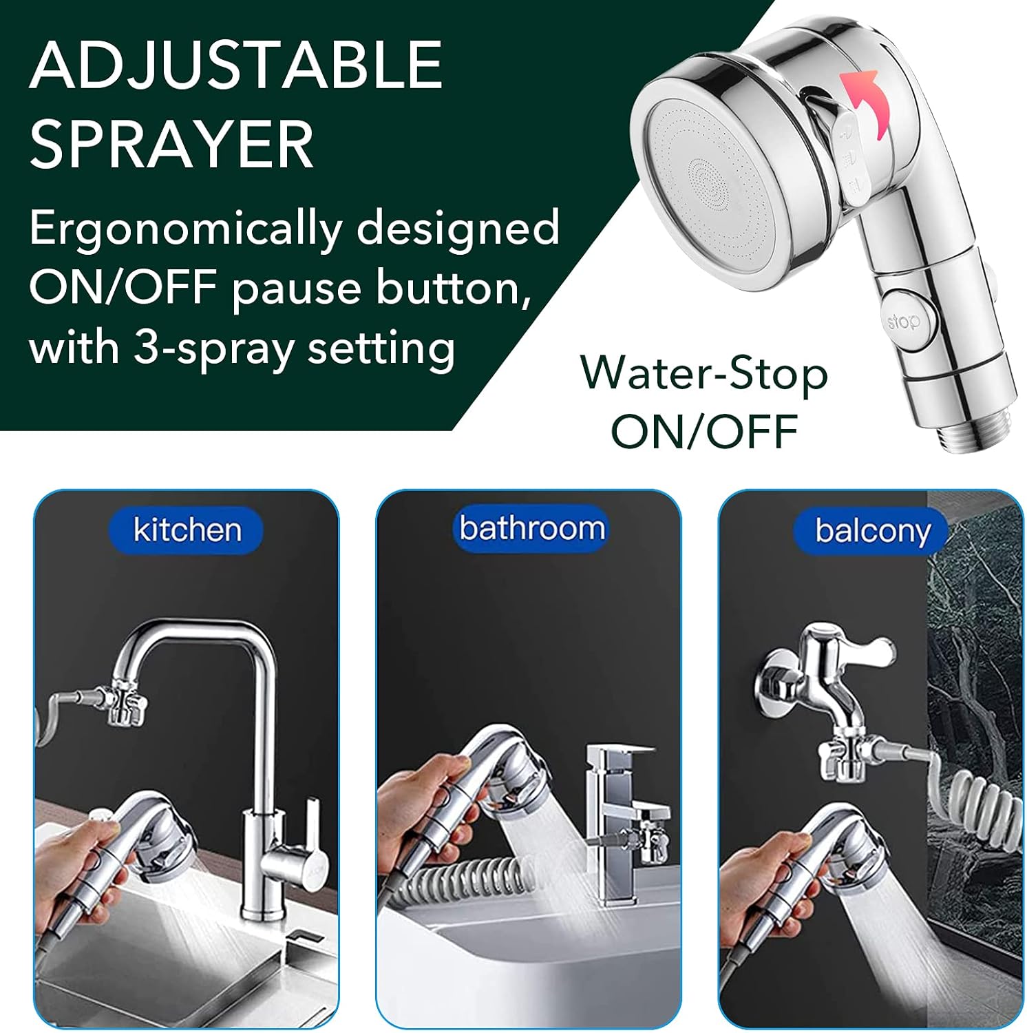 Sink Faucet Sprayer Attachment Set, Kitchen Bathroom Pet Bathing Shower Head with 9.8ft Hose and G1/2, 55/64", 15/16" Faucet Adapters, Hair Washing, Dog Shower and More
